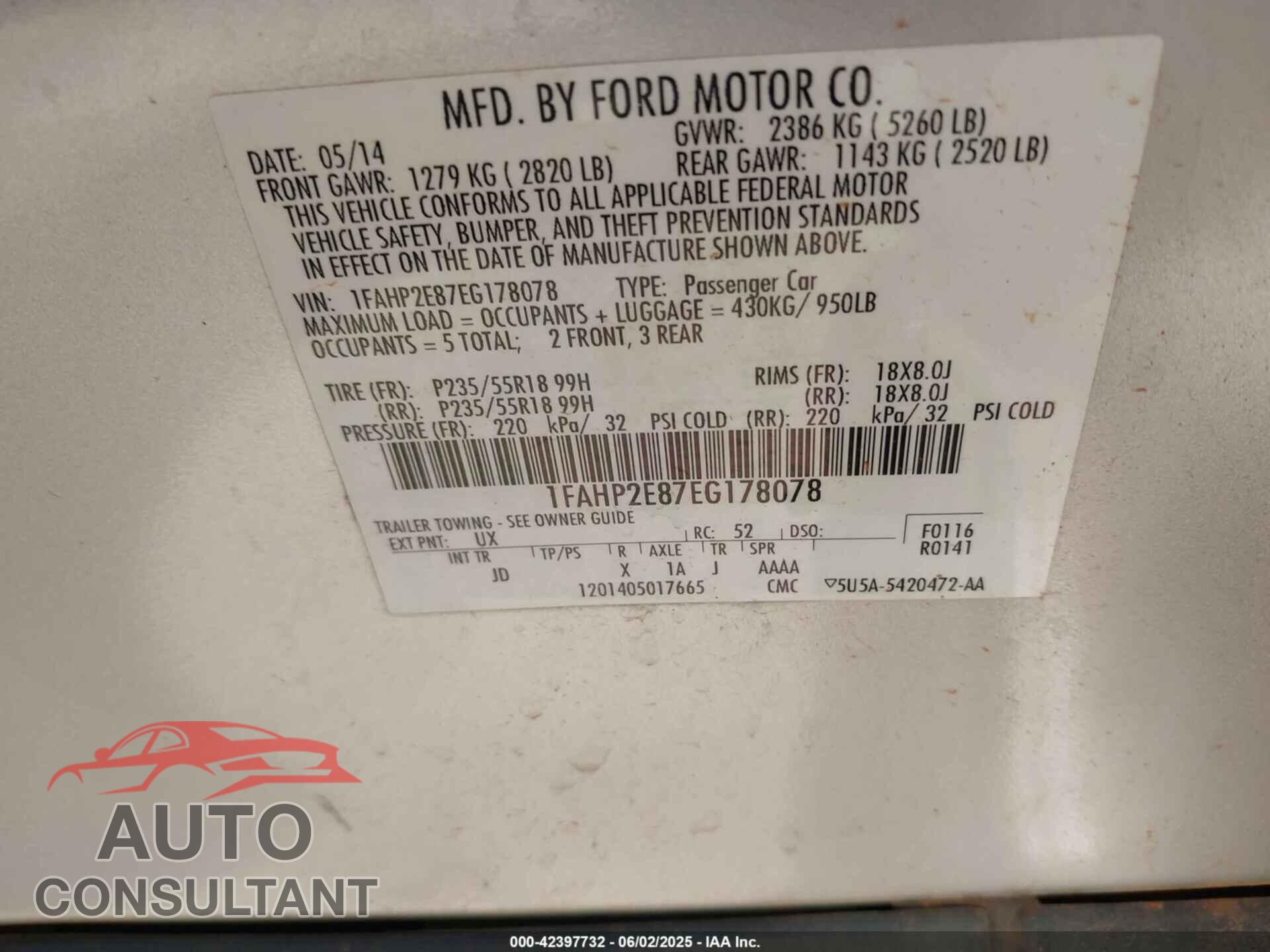 FORD TAURUS 2014 - 1FAHP2E87EG178078