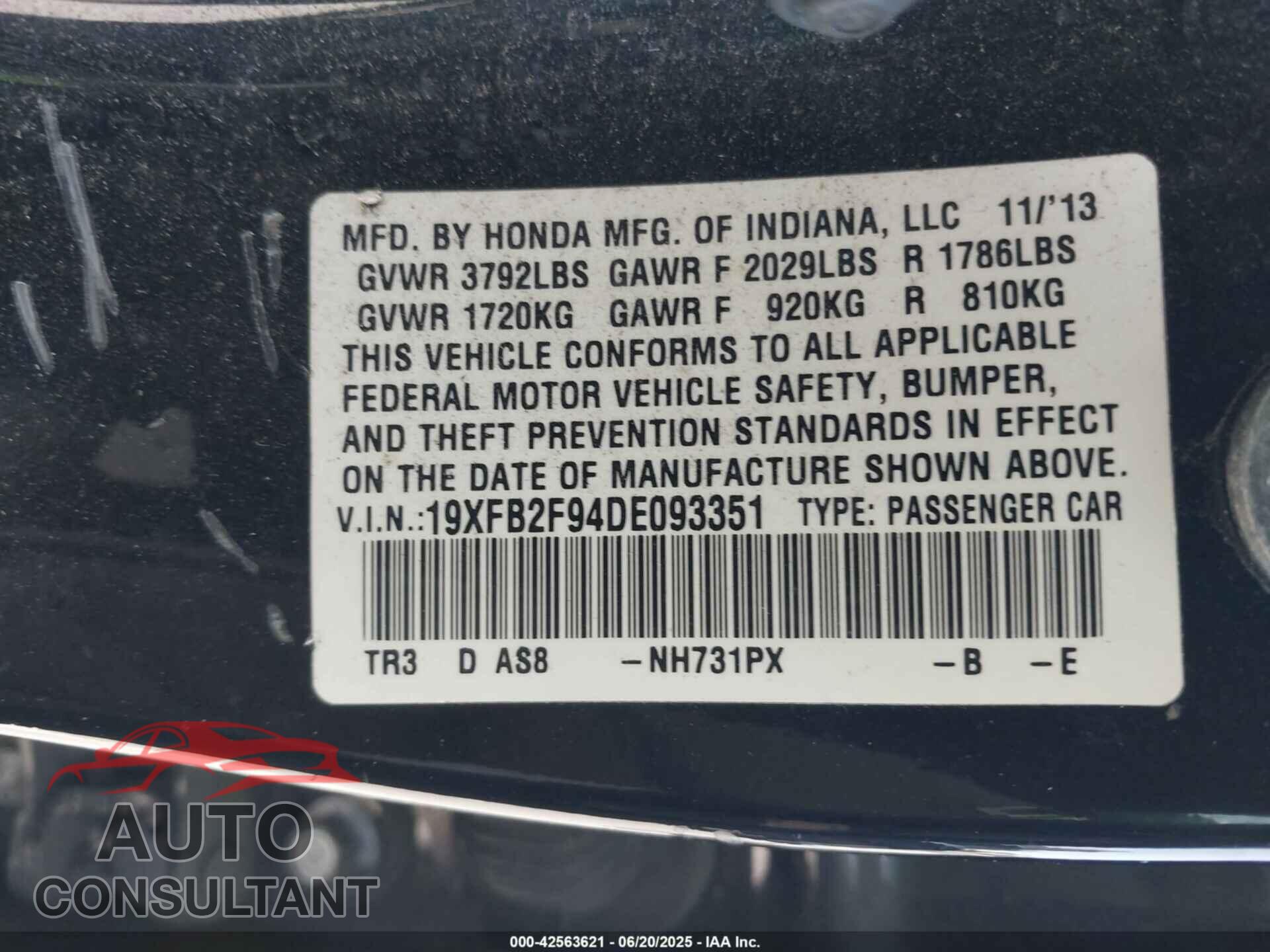 HONDA CIVIC 2013 - 19XFB2F94DE093351