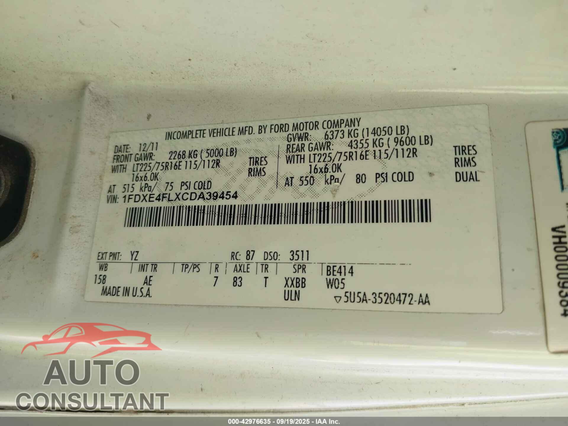 FORD E-450 CUTAWAY 2012 - 1FDXE4FLXCDA39454