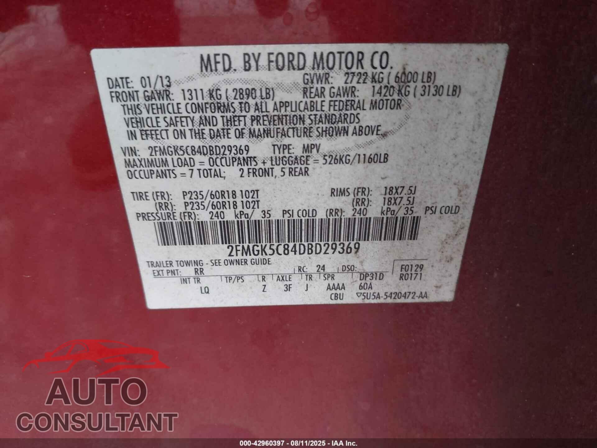 FORD FLEX 2013 - 2FMGK5C84DBD29369