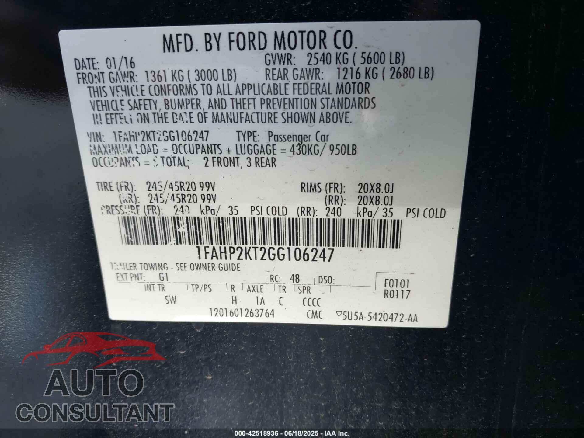 FORD TAURUS 2016 - 1FAHP2KT2GG106247