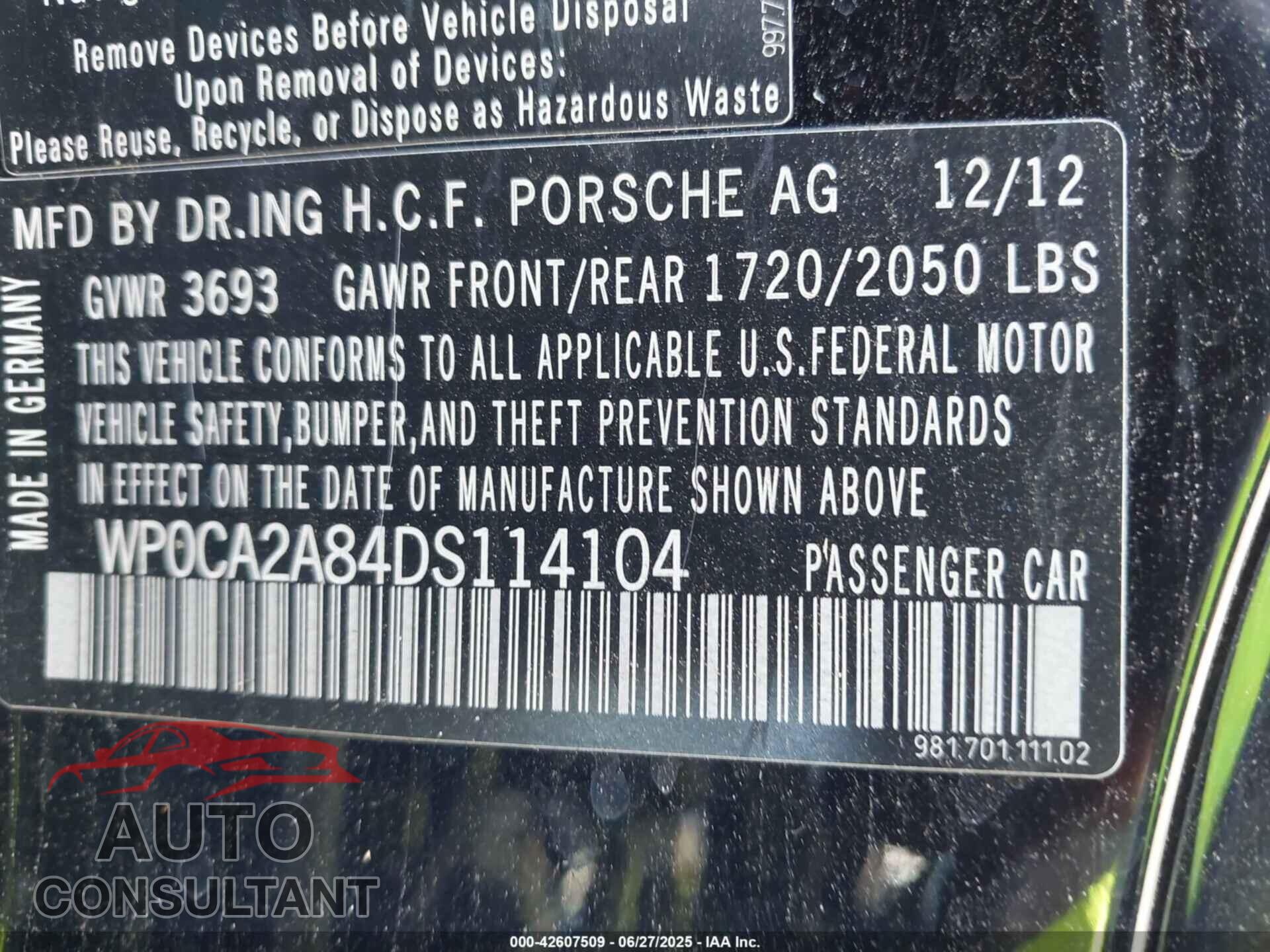 PORSCHE BOXSTER 2013 - WP0CA2A84DS114104