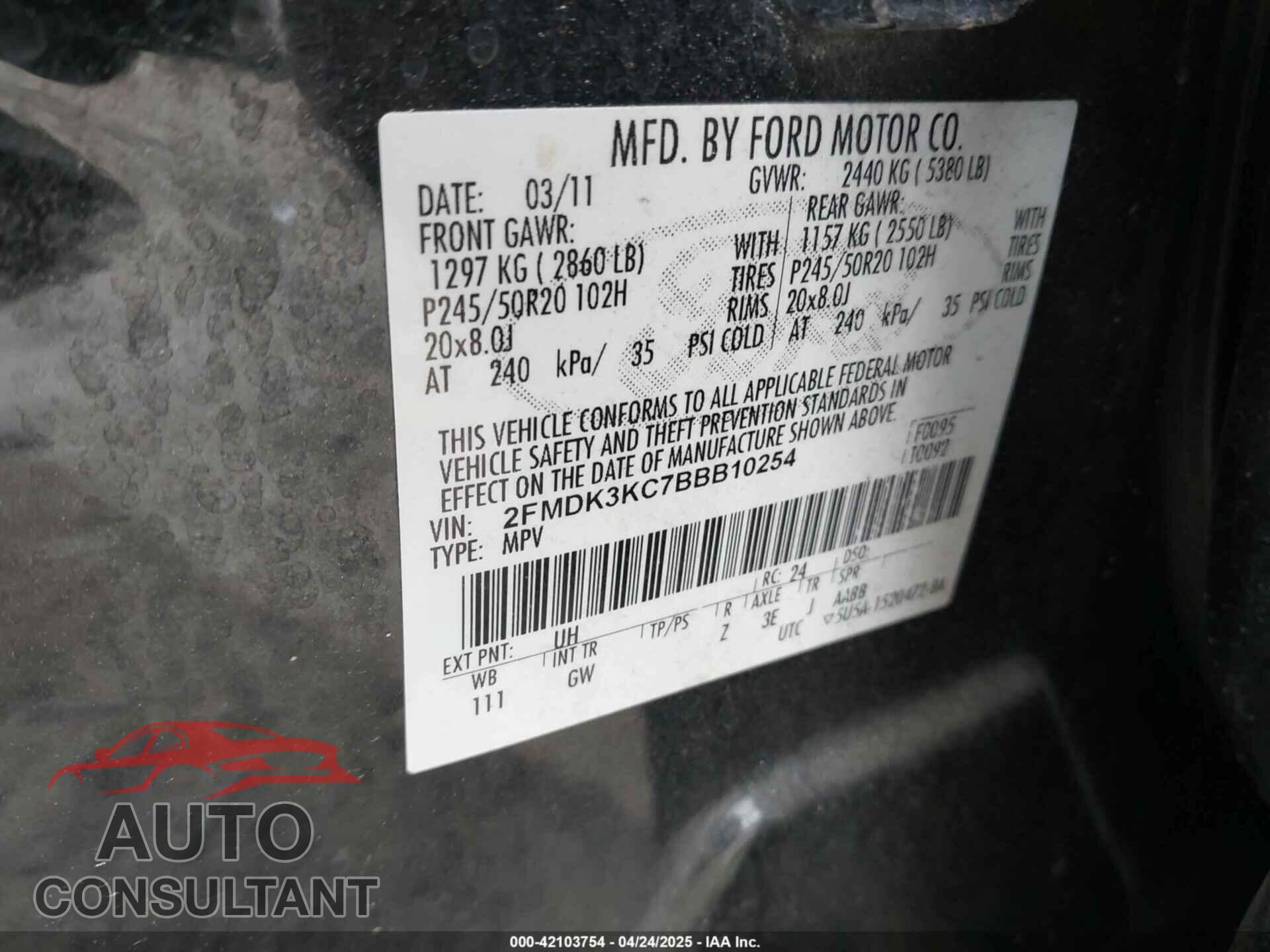 FORD EDGE 2011 - 2FMDK3KC7BBB10254