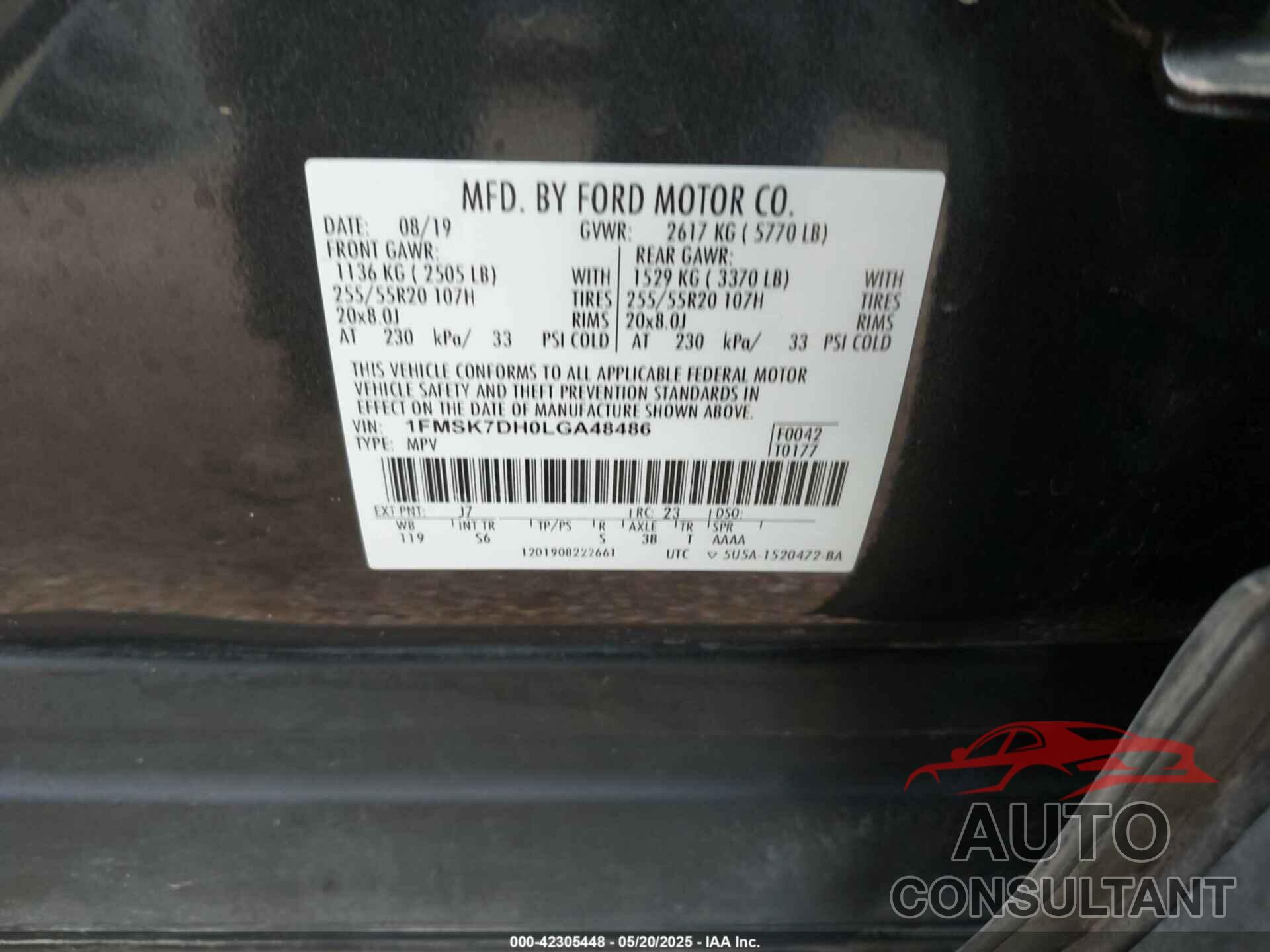 FORD EXPLORER 2020 - 1FMSK7DH0LGA48486