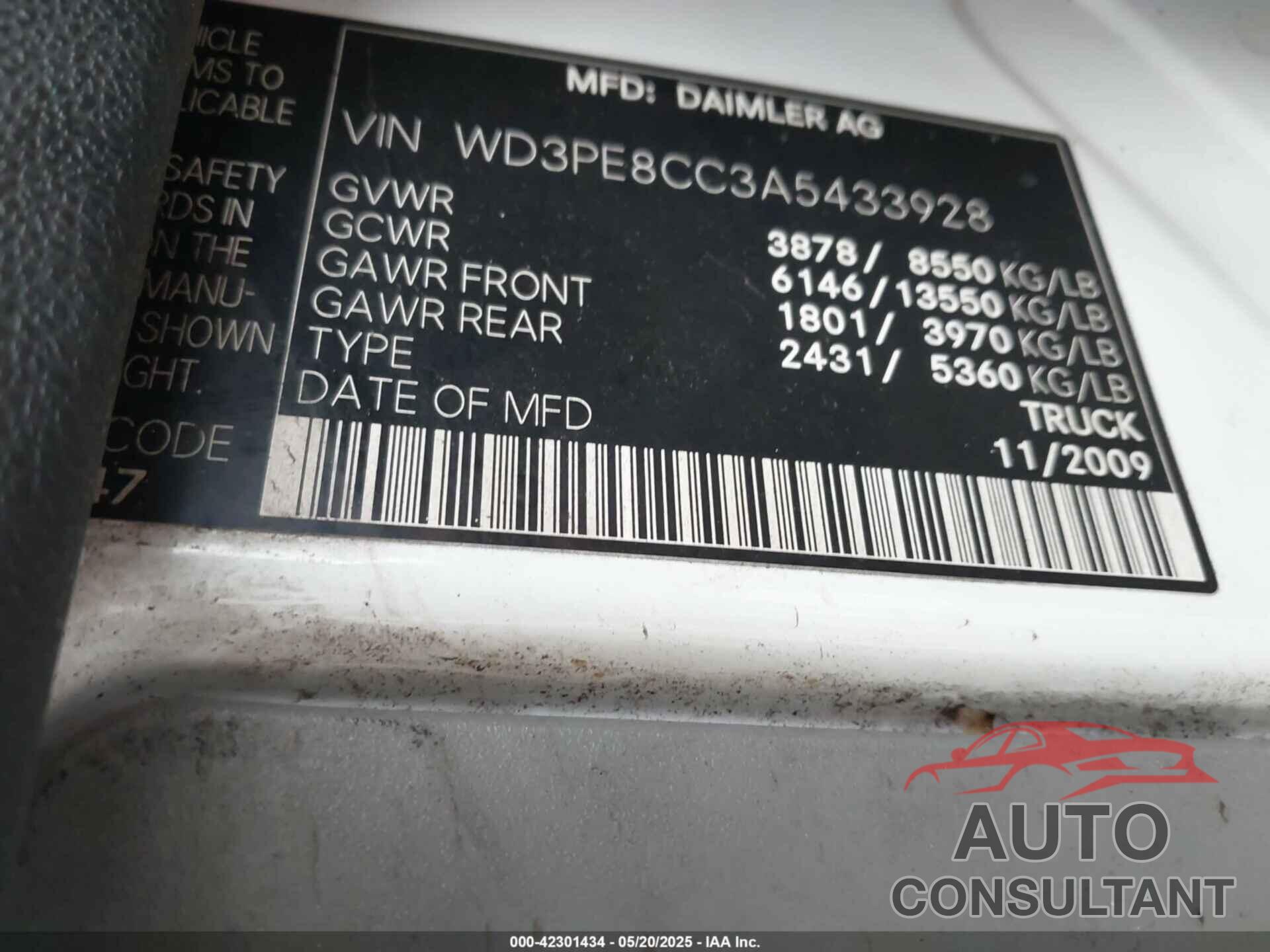 MERCEDES-BENZ SPRINTER 2010 - WD3PE8CC3A5433928