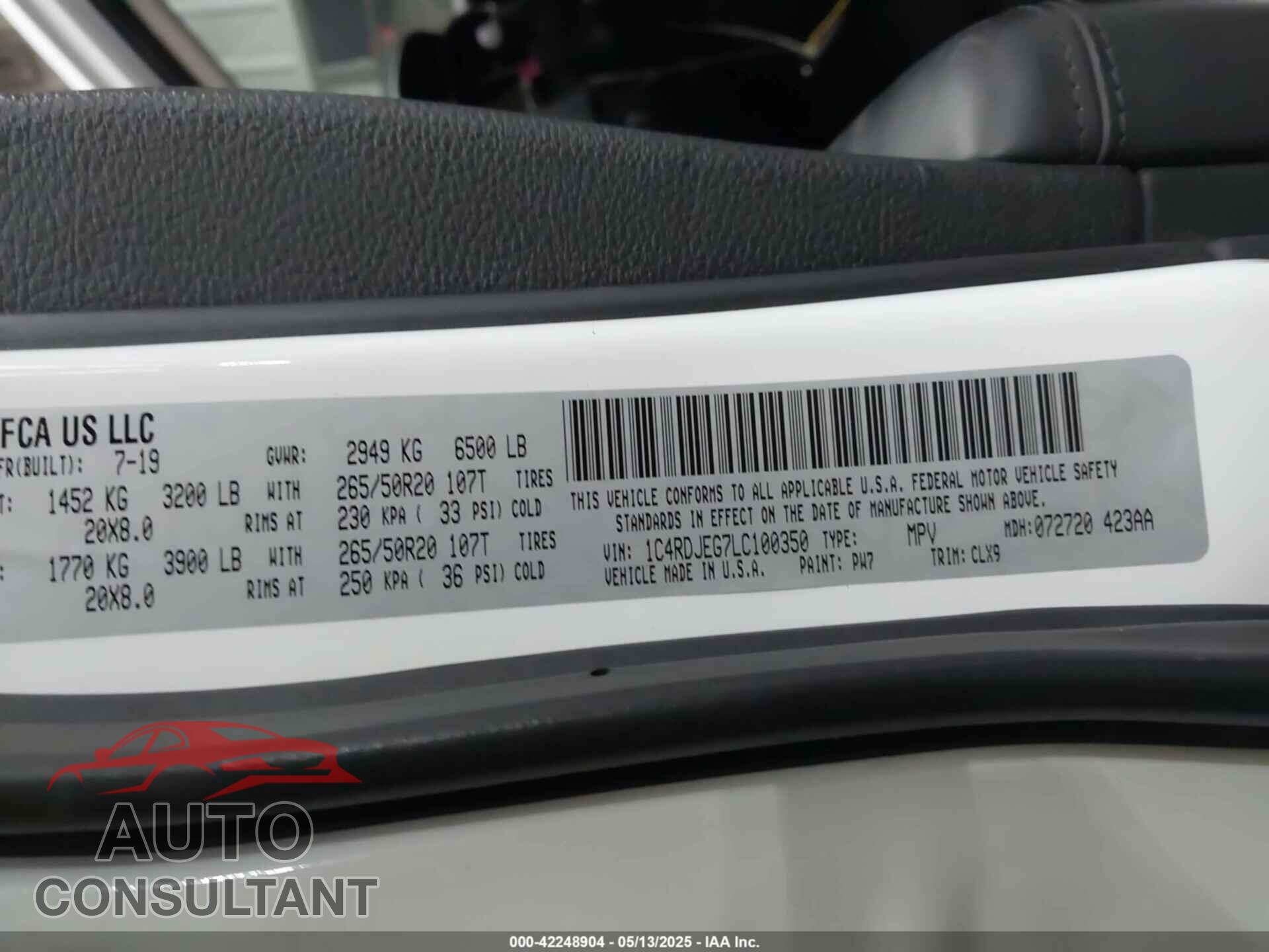 DODGE DURANGO 2020 - 1C4RDJEG7LC100350