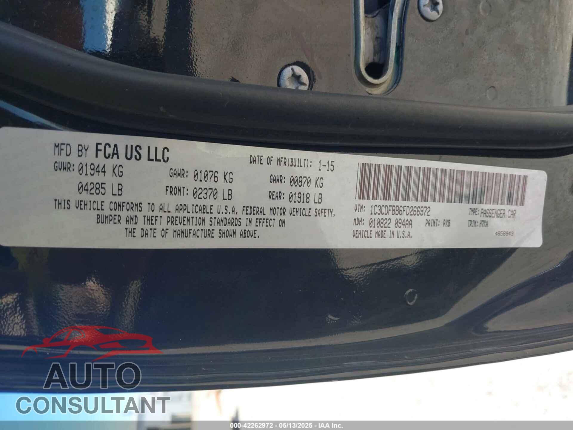 DODGE DART 2015 - 1C3CDFBB6FD266972