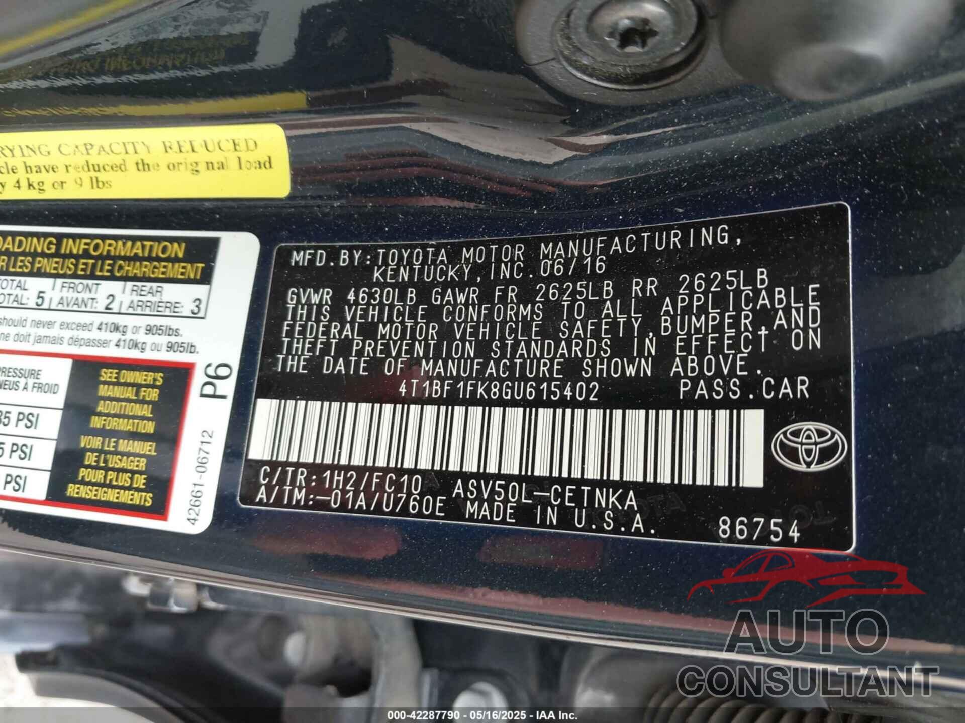 TOYOTA CAMRY 2016 - 4T1BF1FK8GU615402