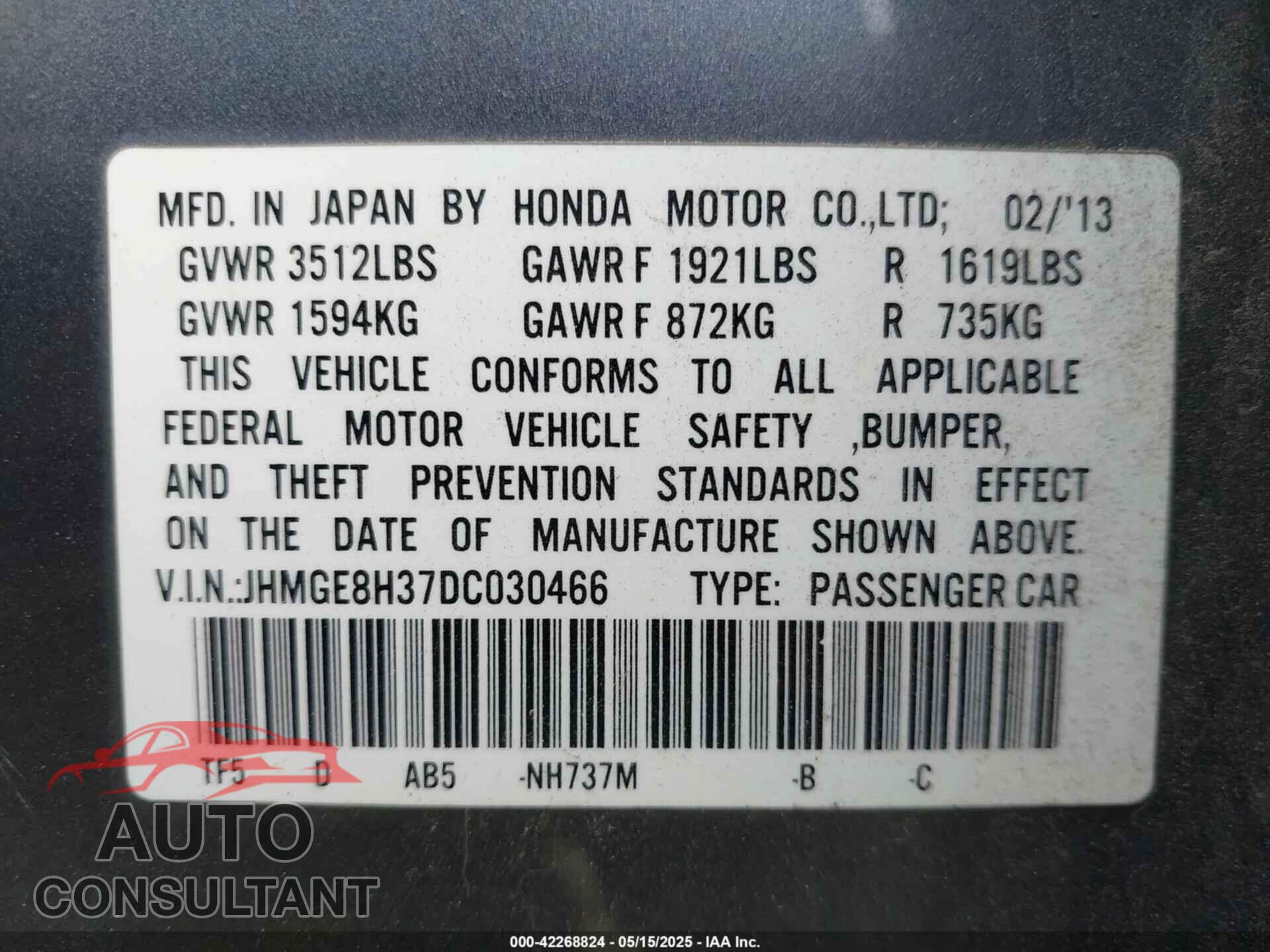 HONDA FIT 2013 - JHMGE8H37DC030466