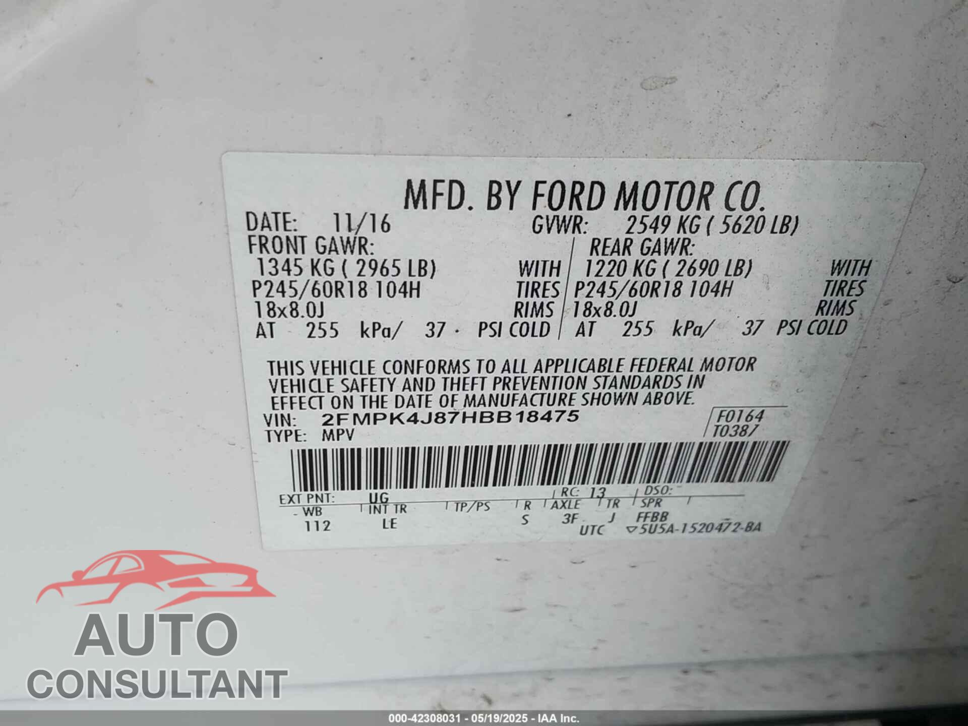 FORD EDGE 2017 - 2FMPK4J87HBB18475