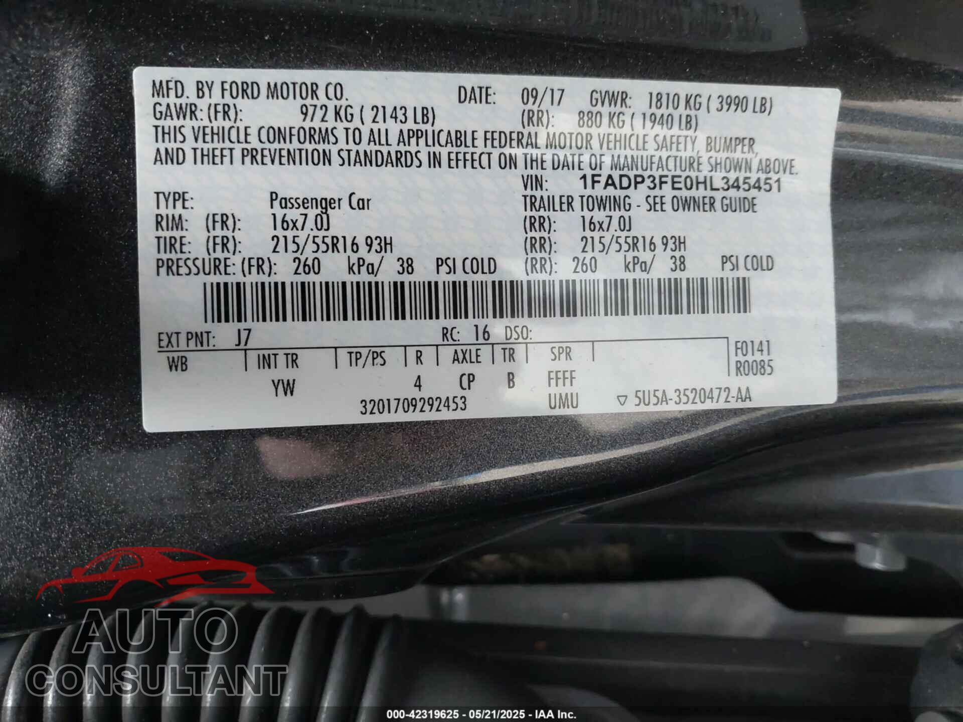 FORD FOCUS 2017 - 1FADP3FE0HL345451