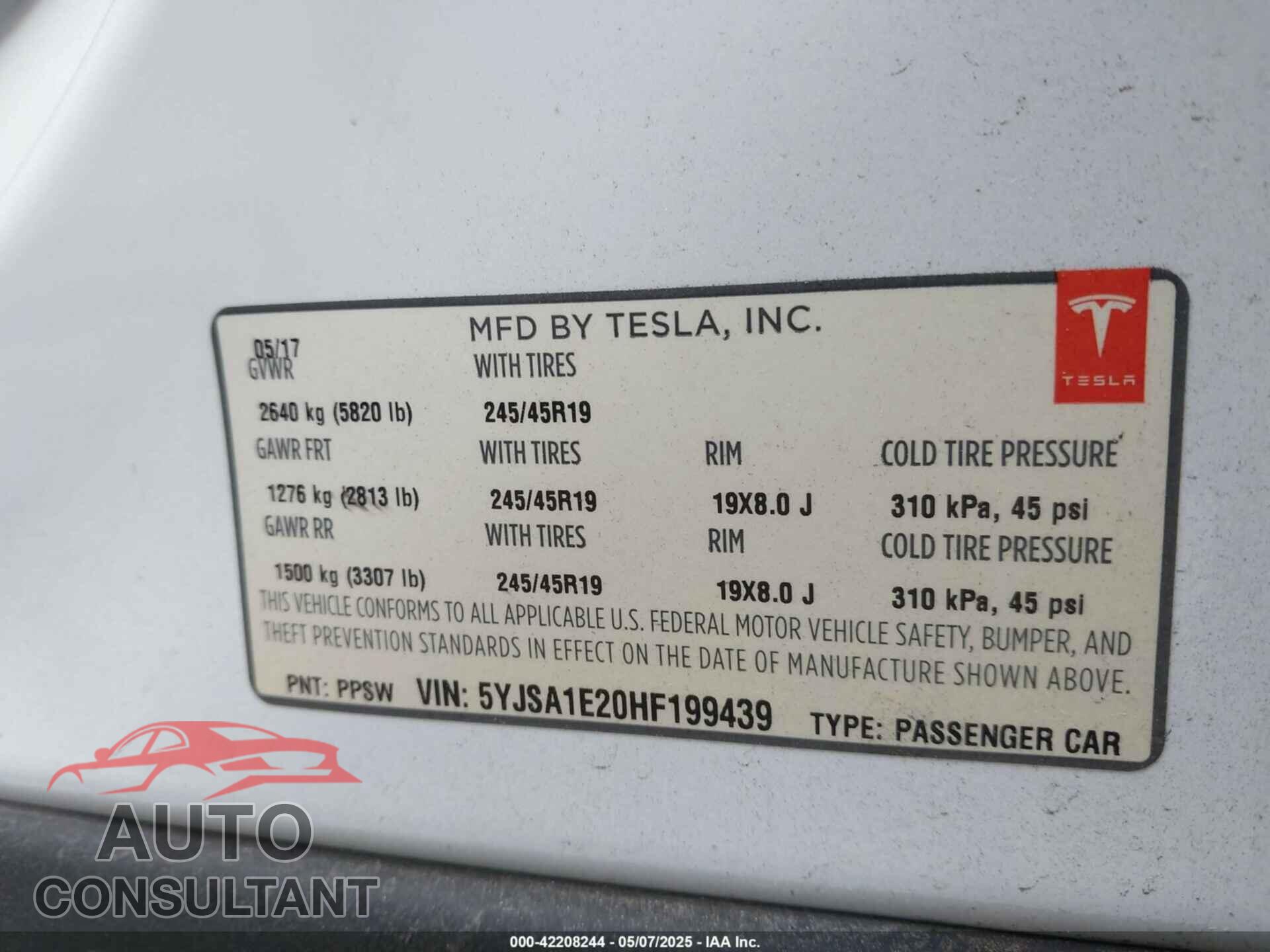 TESLA MODEL S 2017 - 5YJSA1E20HF199439