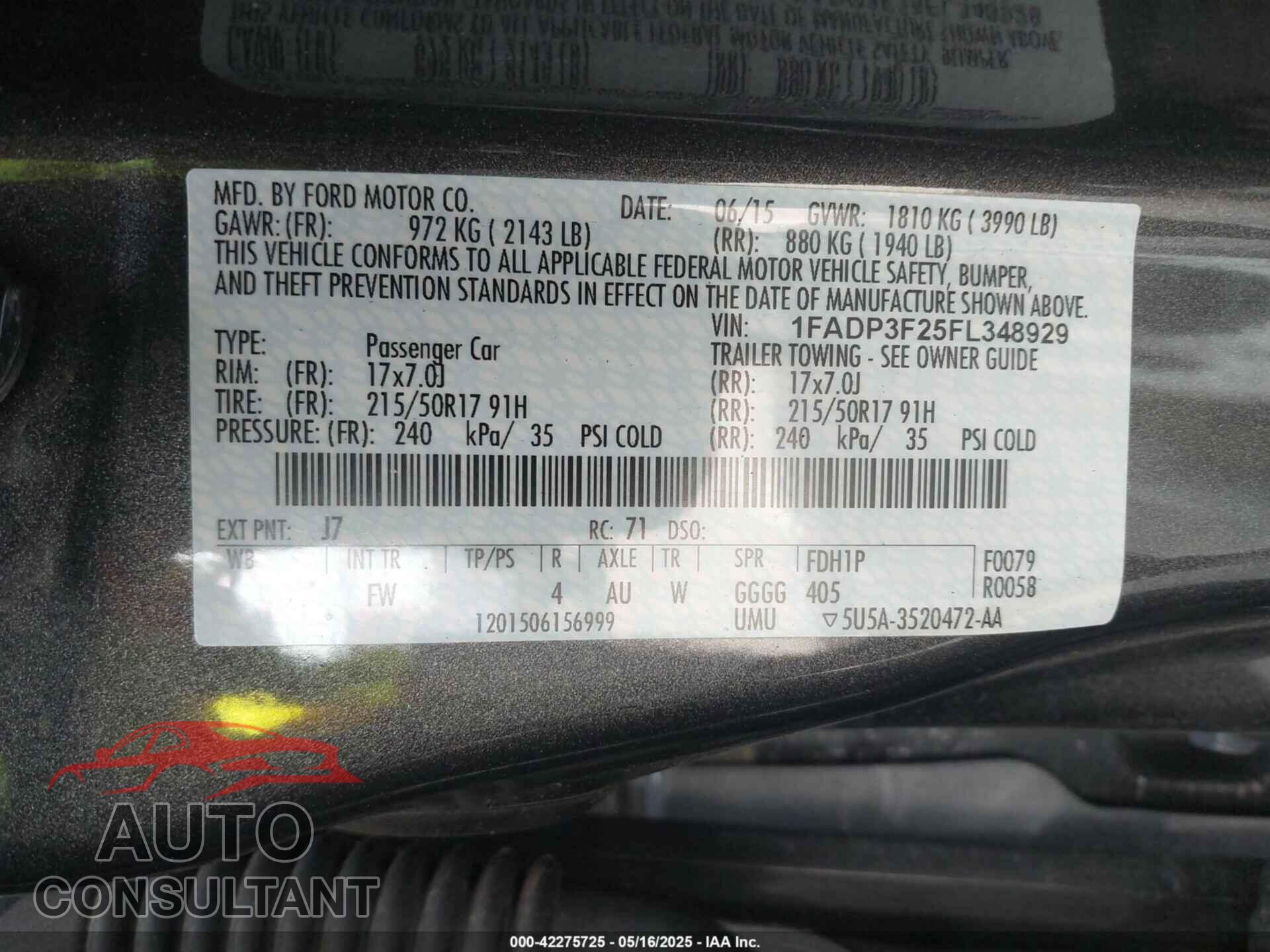 FORD FOCUS 2015 - 1FADP3F25FL348929