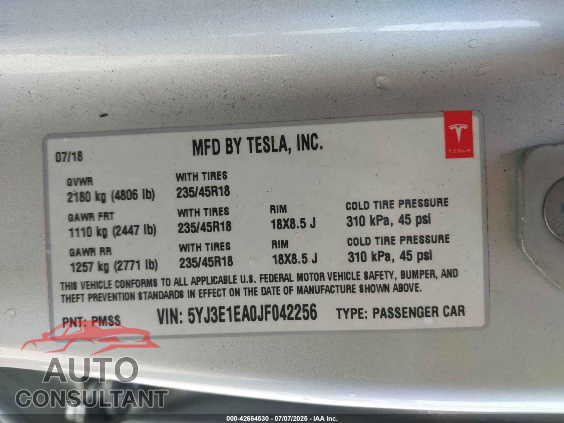 TESLA MODEL 3 2018 - 5YJ3E1EA0JF042256