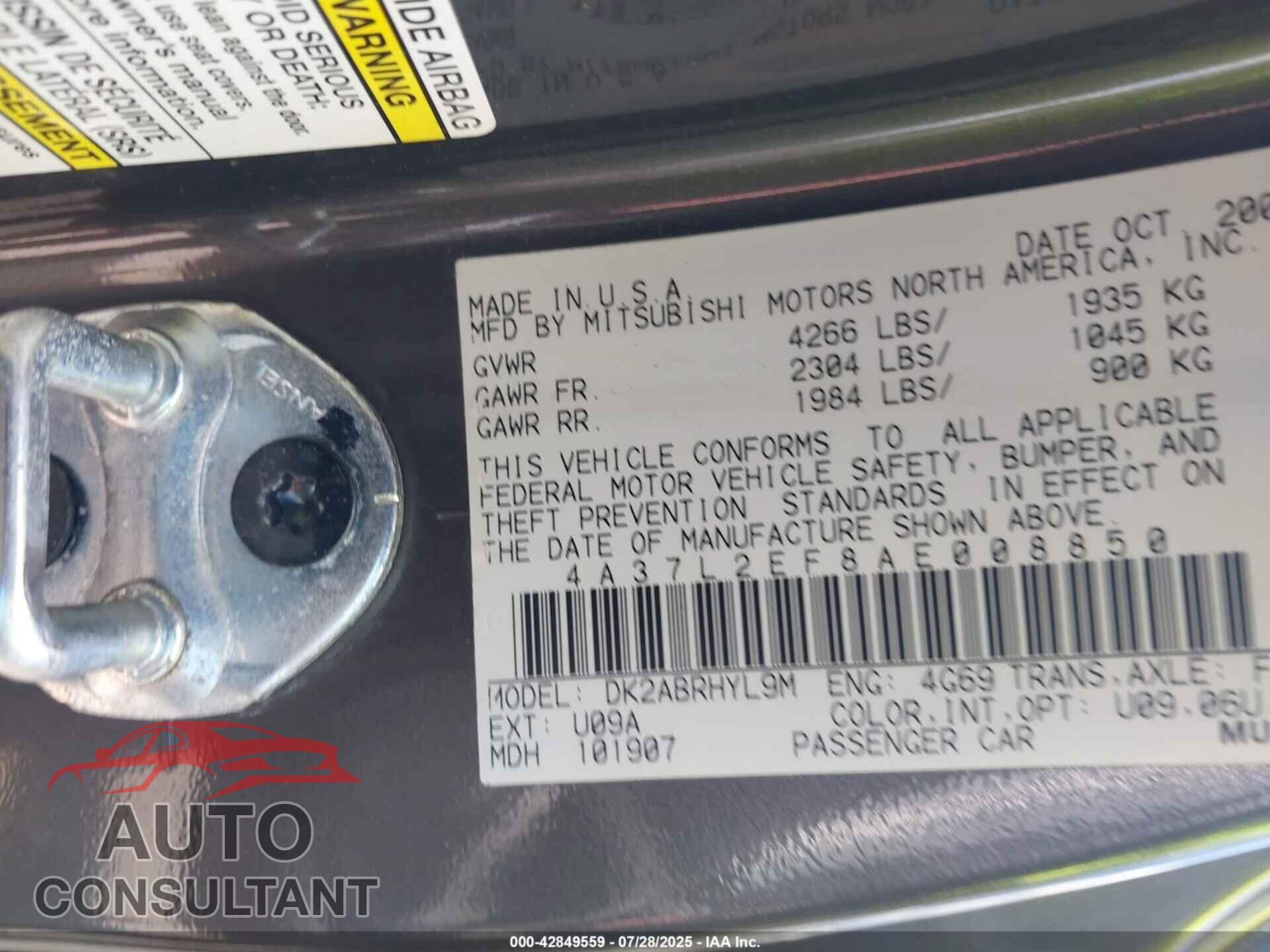 MITSUBISHI ECLIPSE SPYDER 2010 - 4A37L2EF8AE008850
