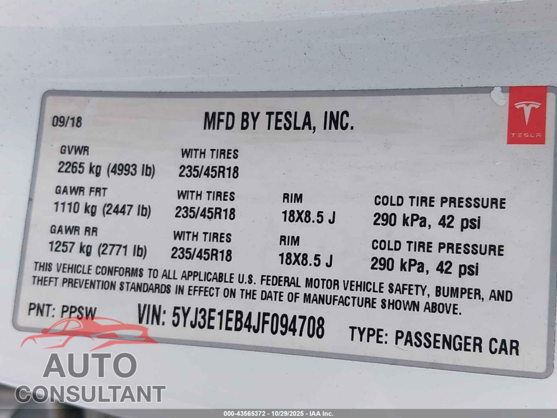 TESLA MODEL 3 2018 - 5YJ3E1EB4JF094708