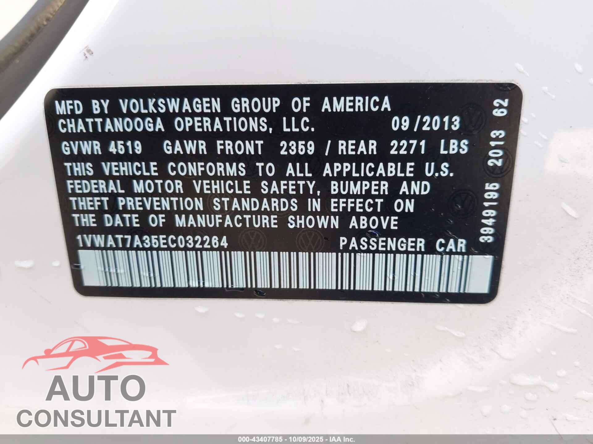 VOLKSWAGEN PASSAT 2014 - 1VWAT7A35EC032264
