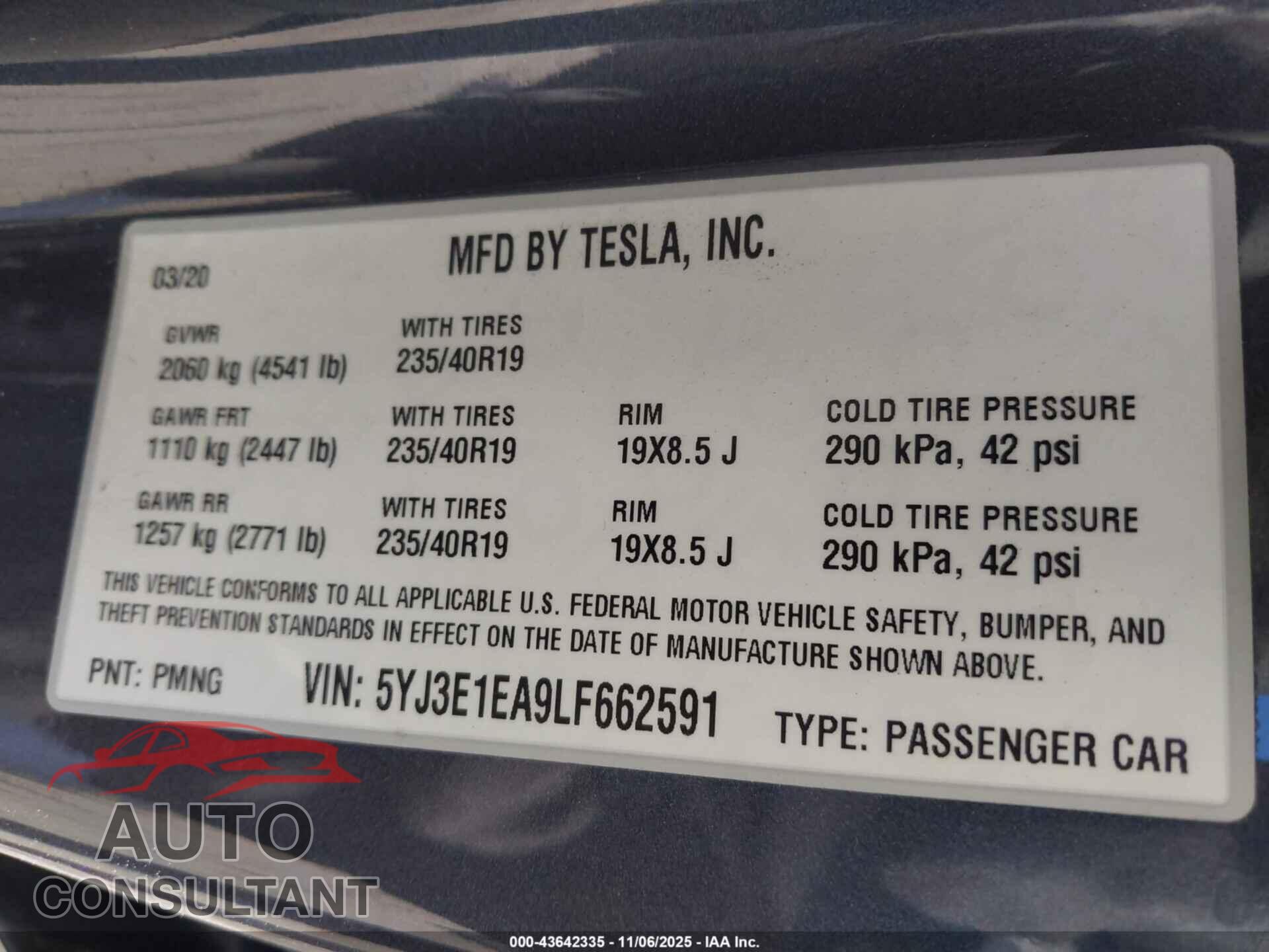 TESLA MODEL 3 2020 - 5YJ3E1EA9LF662591