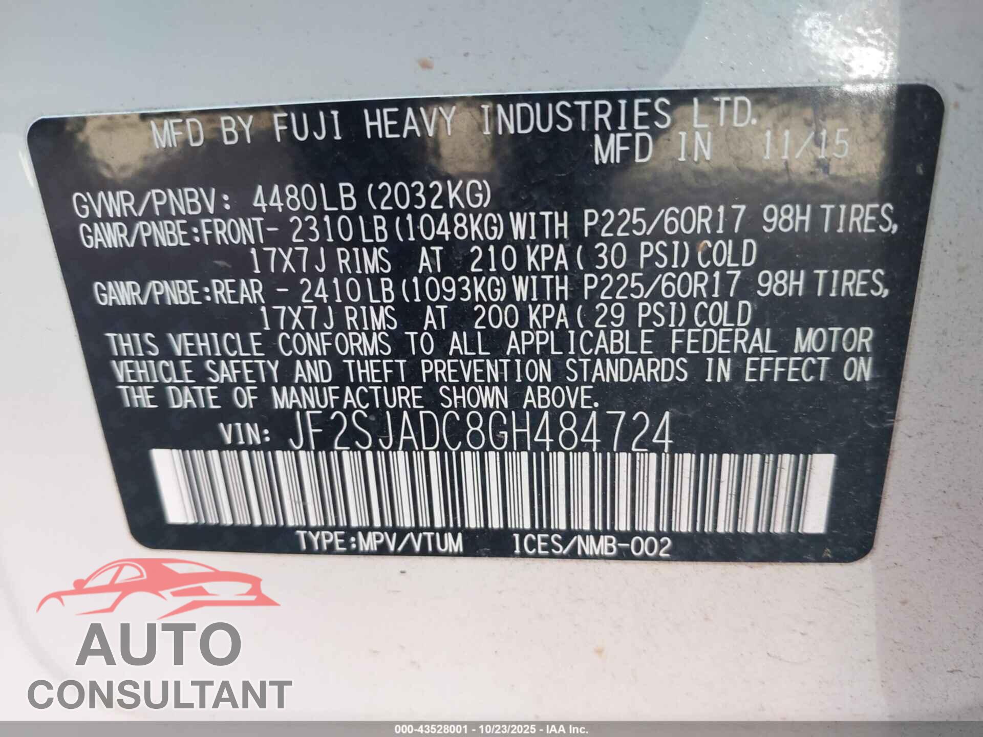 SUBARU FORESTER 2016 - JF2SJADC8GH484724
