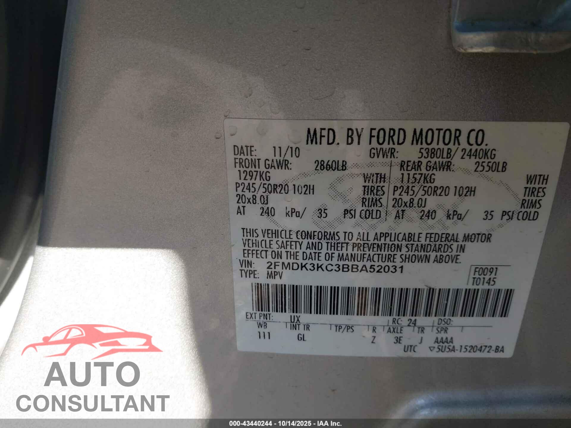 FORD EDGE 2011 - 2FMDK3KC3BBA52031