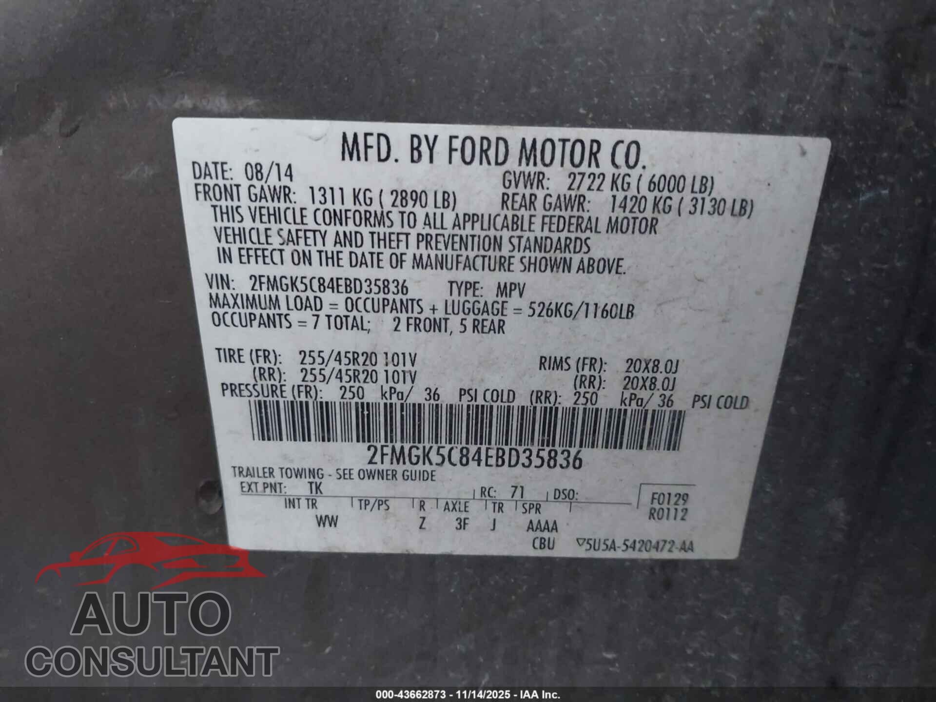 FORD FLEX 2014 - 2FMGK5C84EBD35836