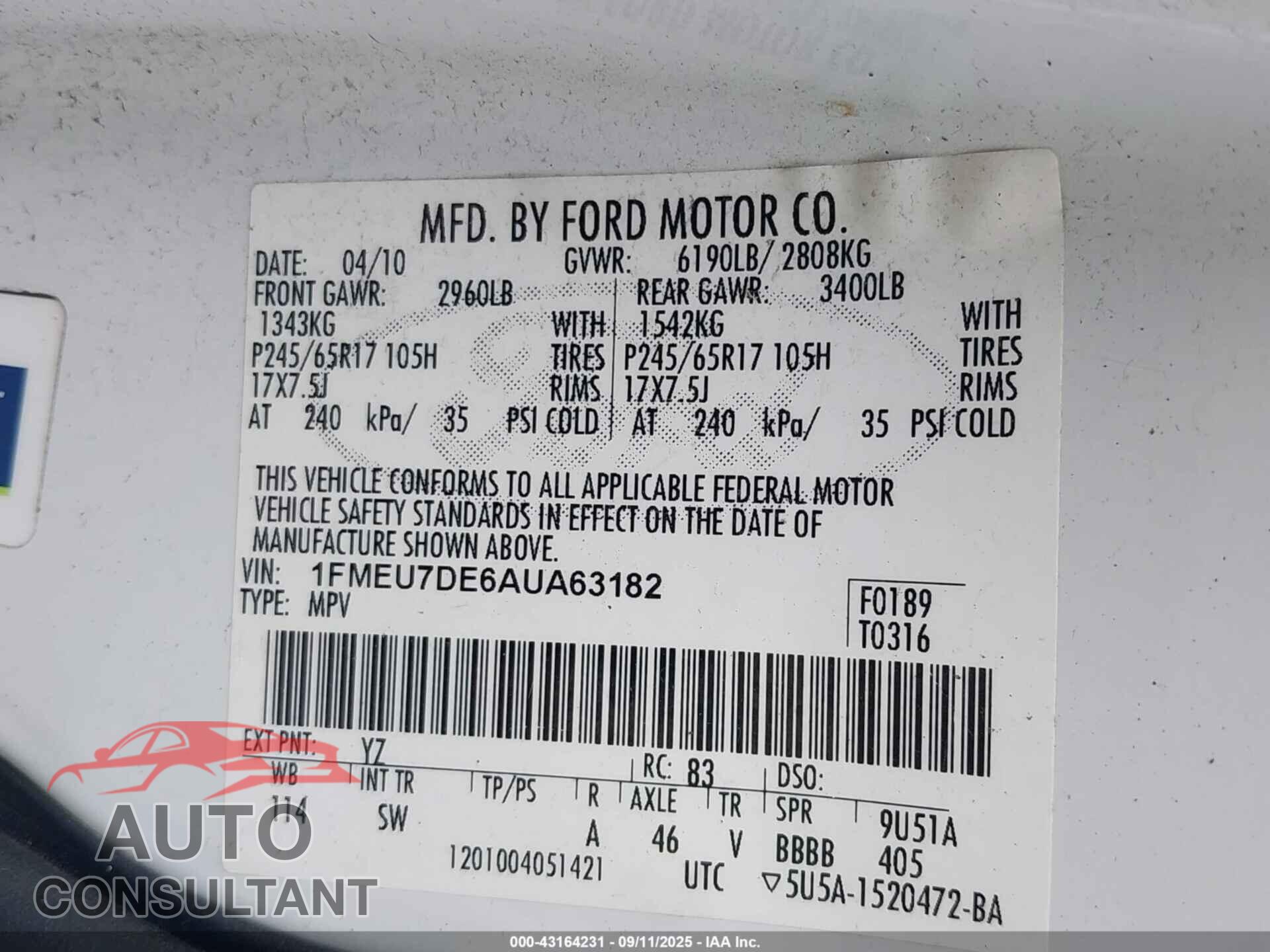 FORD EXPLORER 2010 - 1FMEU7DE6AUA63182