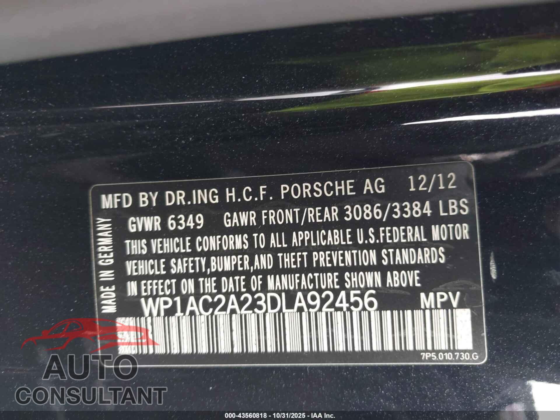 PORSCHE CAYENNE 2013 - WP1AC2A23DLA92456