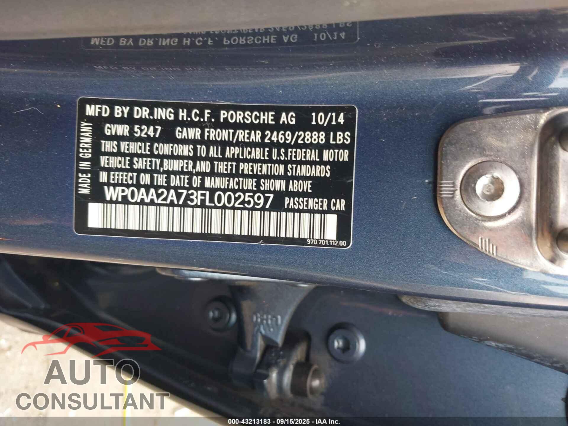 PORSCHE PANAMERA 2015 - WP0AA2A73FL002597