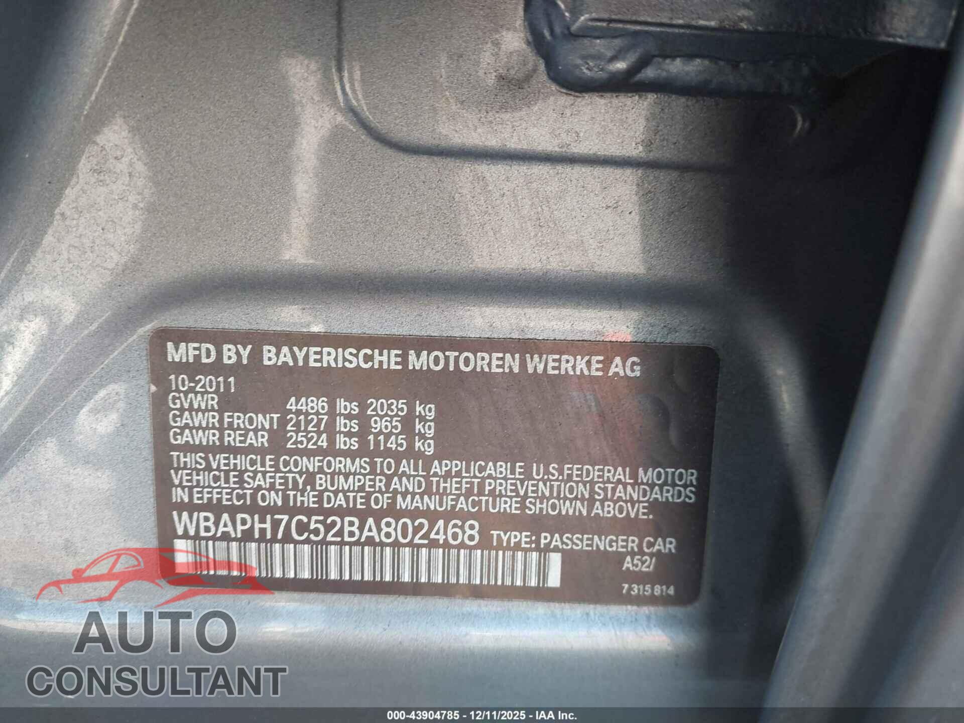 BMW 328I 2011 - WBAPH7C52BA802468