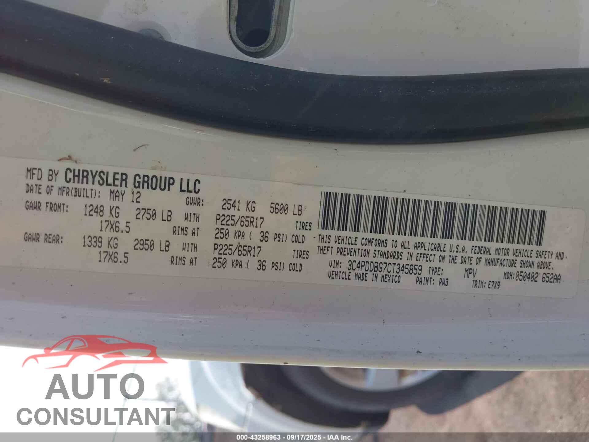 DODGE JOURNEY 2012 - 3C4PDDBG7CT345859