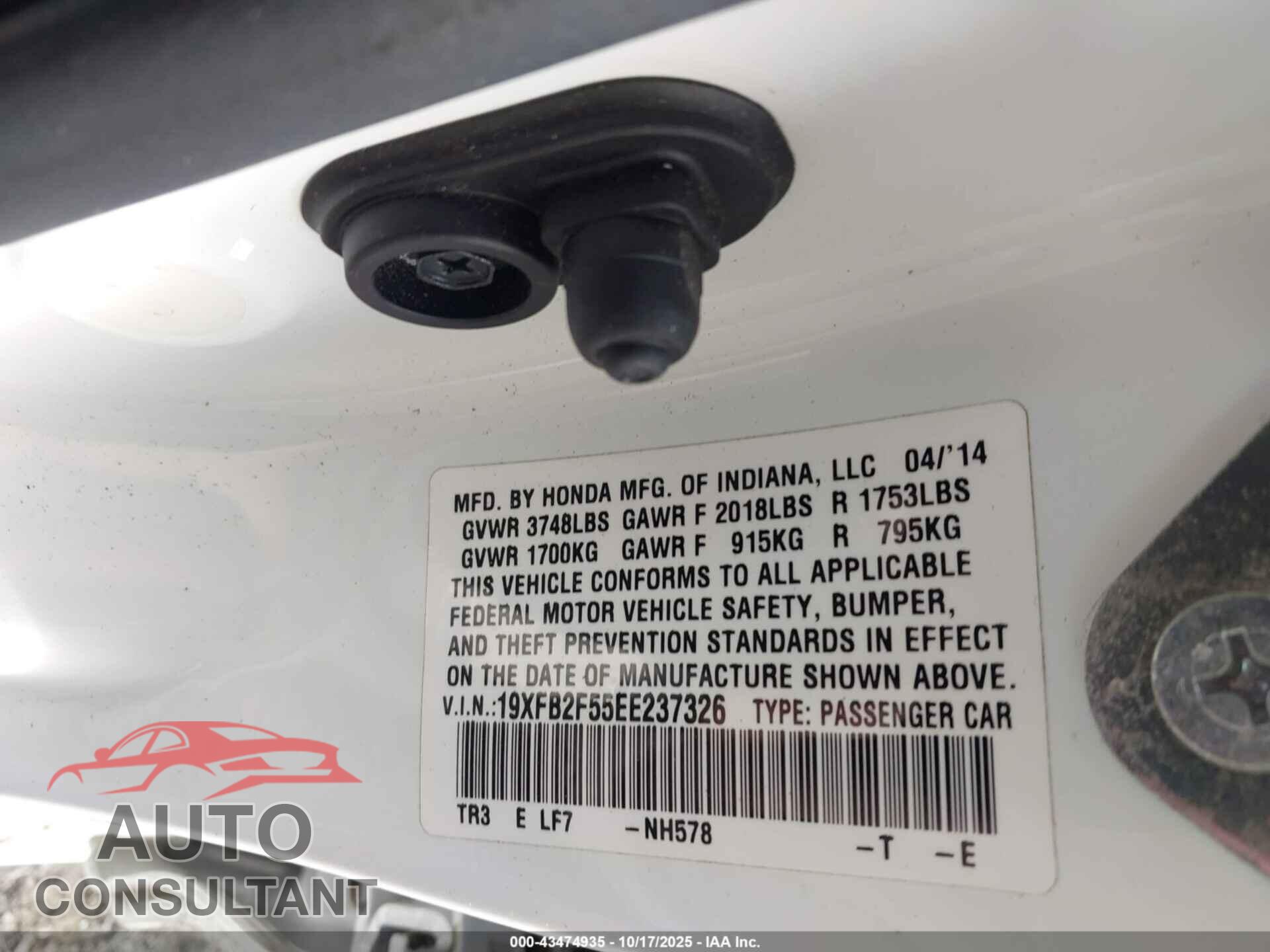 HONDA CIVIC 2014 - 19XFB2F55EE237326