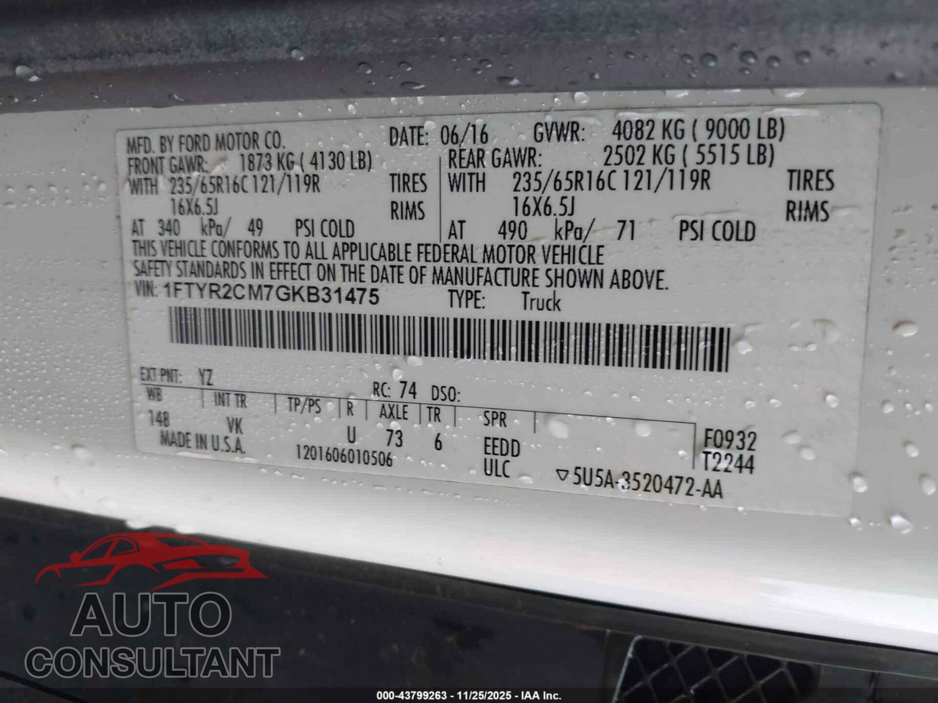 FORD TRANSIT-250 2016 - 1FTYR2CM7GKB31475