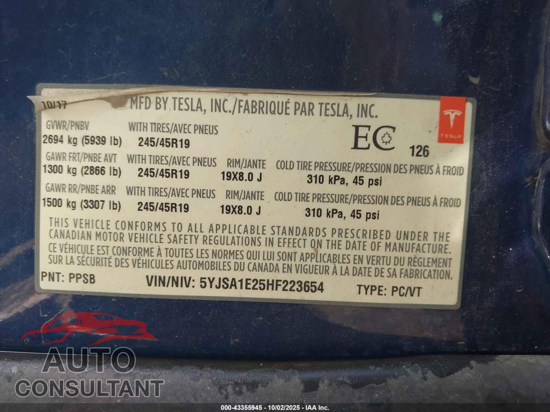 TESLA MODEL S 2017 - 5YJSA1E25HF223654
