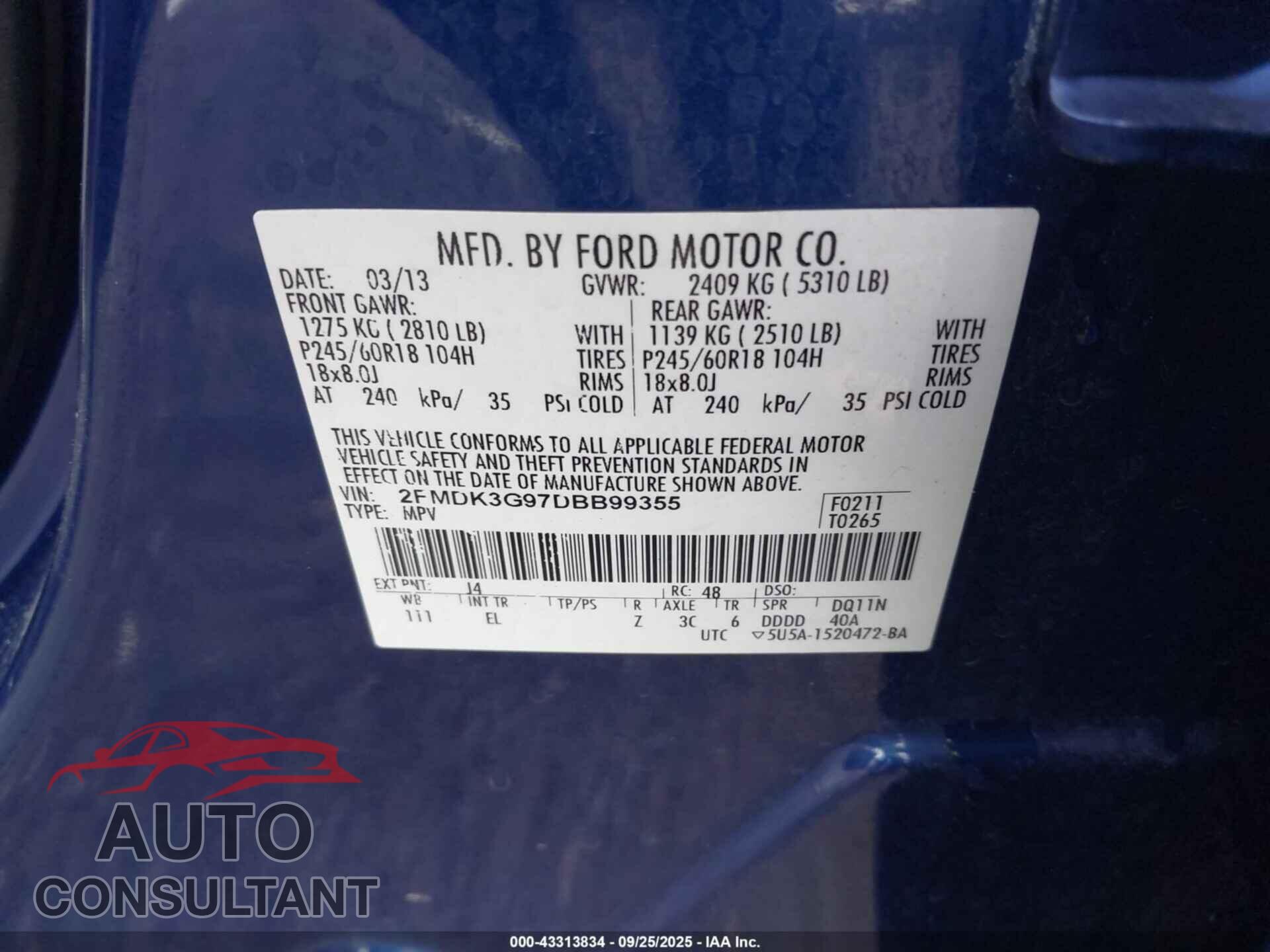 FORD EDGE 2013 - 2FMDK3G97DBB99355