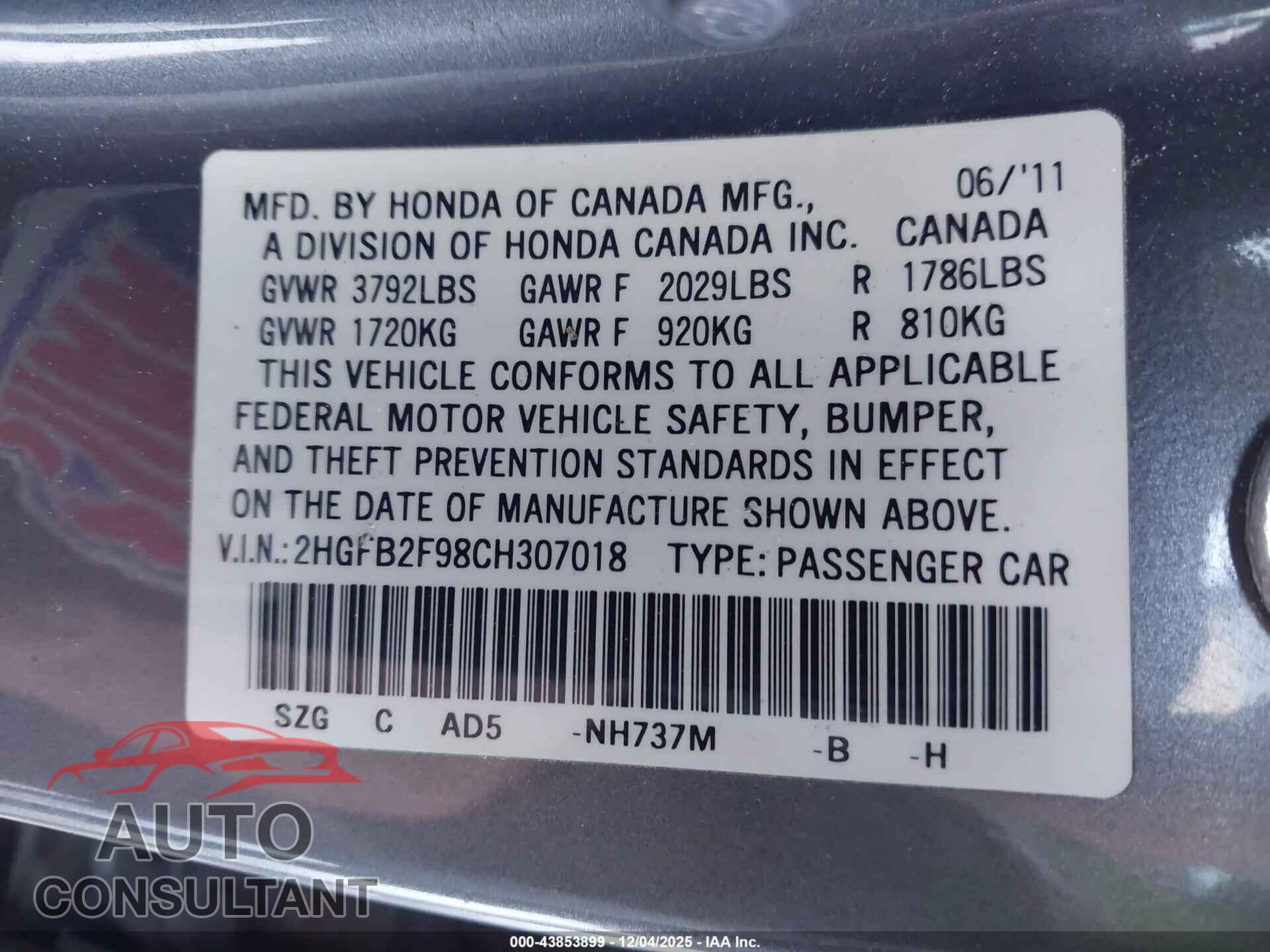 HONDA CIVIC 2012 - 2HGFB2F98CH307018