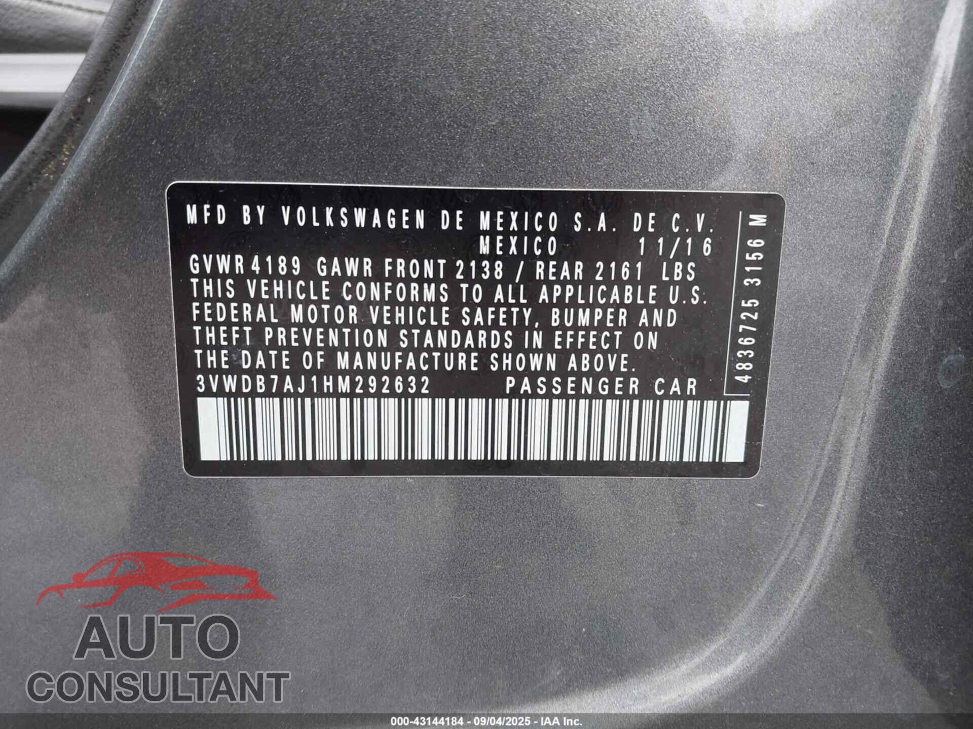 VOLKSWAGEN JETTA 2017 - 3VWDB7AJ1HM292632
