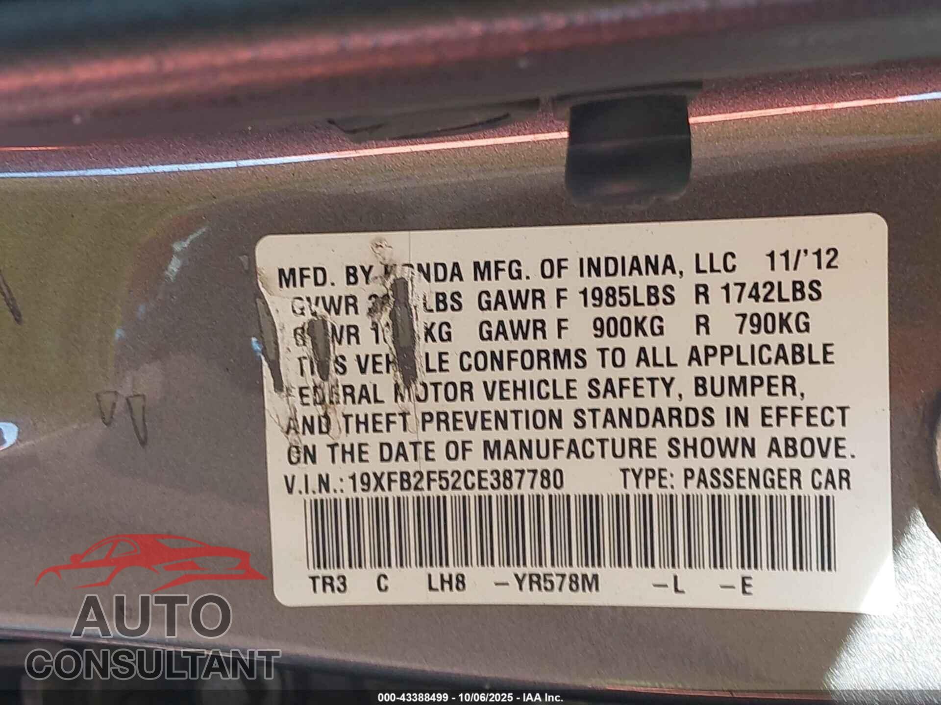HONDA CIVIC 2012 - 19XFB2F52CE387780