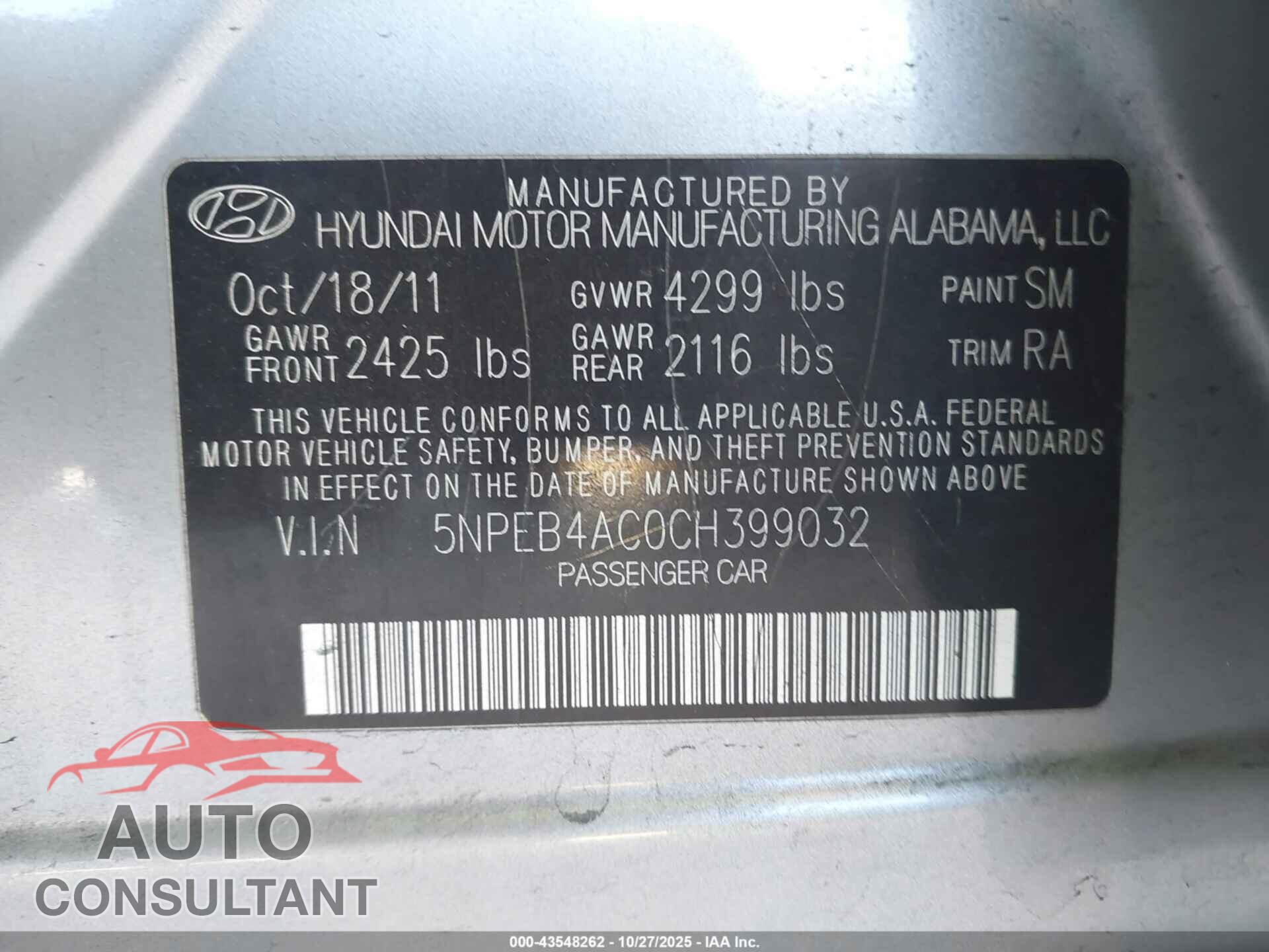 HYUNDAI SONATA 2012 - 5NPEB4AC0CH399032