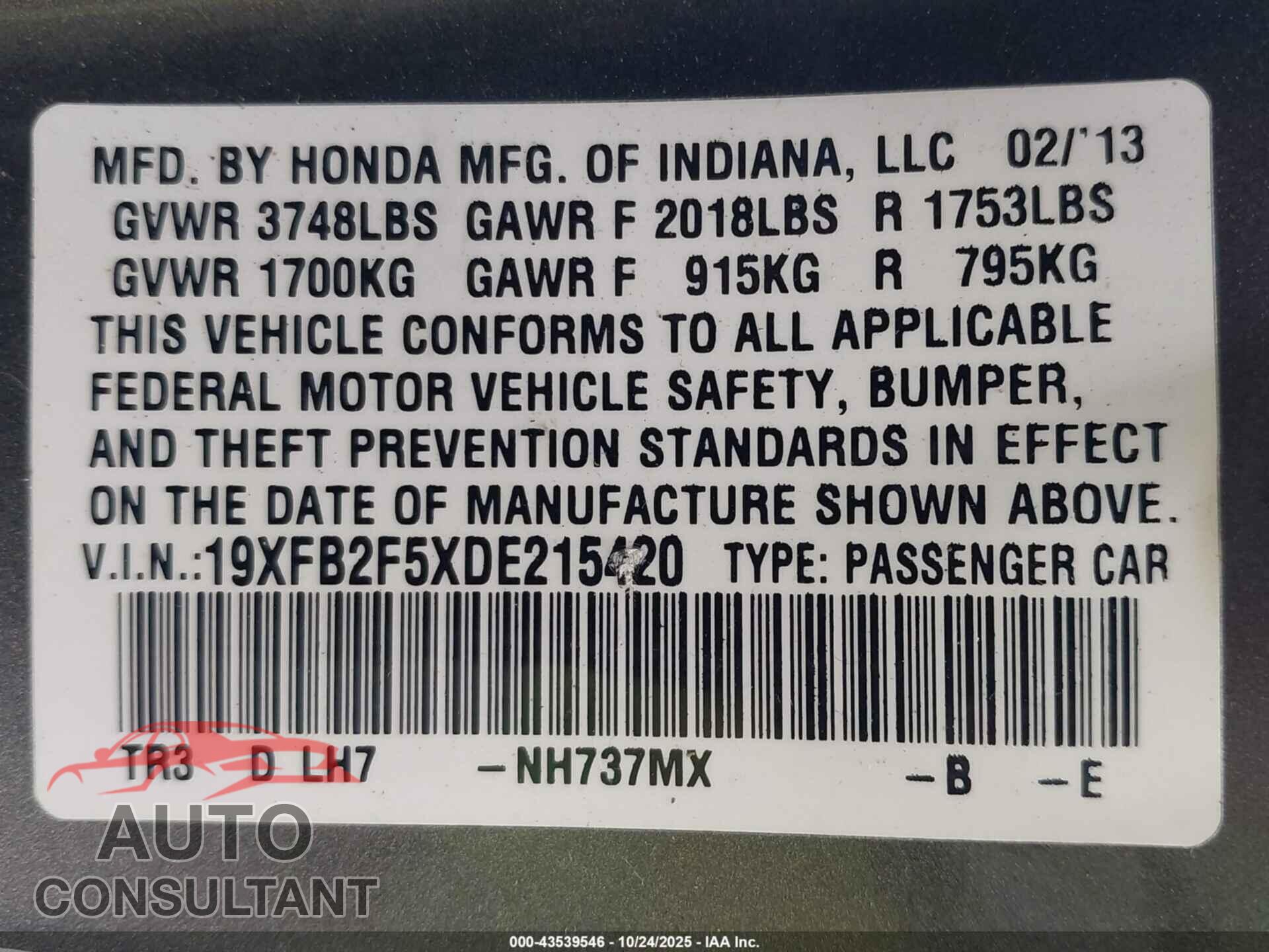 HONDA CIVIC 2013 - 19XFB2F5XDE215420