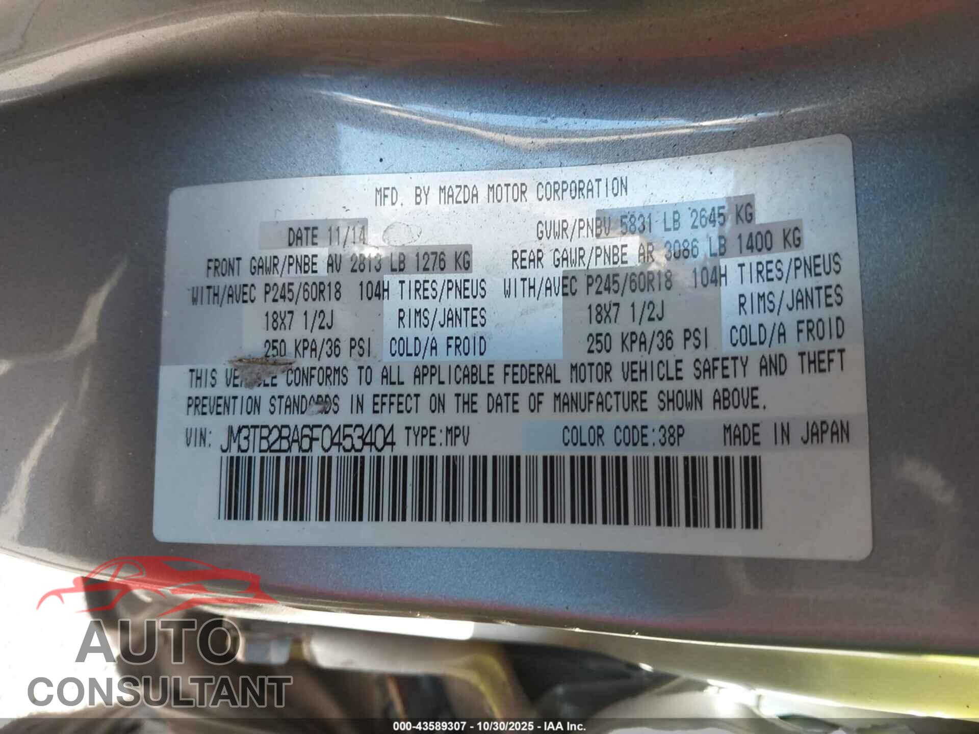 MAZDA CX-9 2015 - JM3TB2BA6F0453404