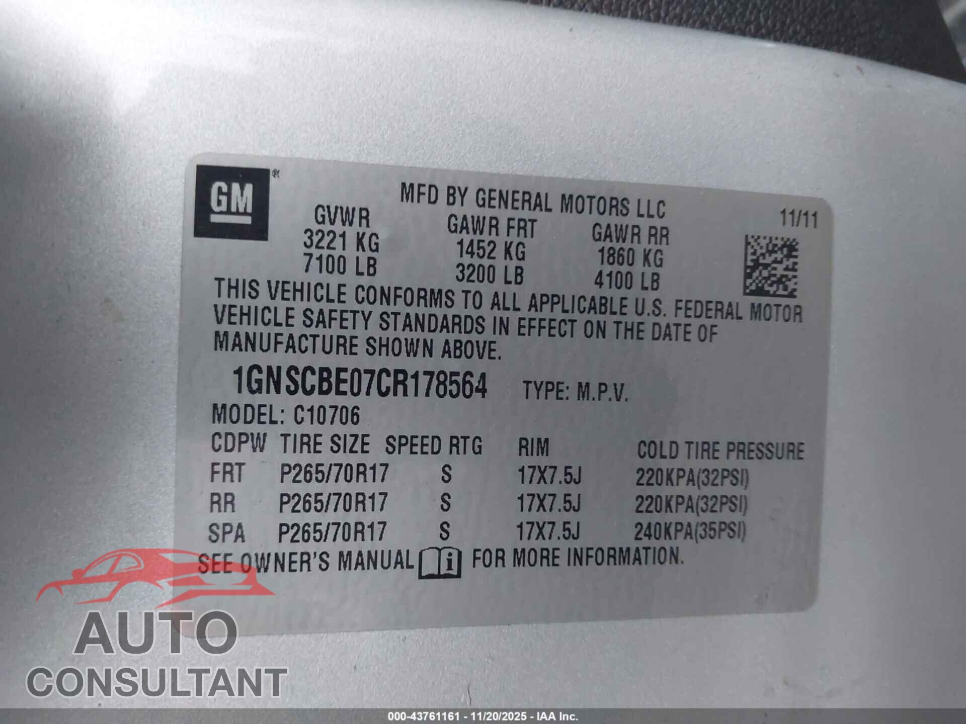 CHEVROLET TAHOE 2012 - 1GNSCBE07CR178564