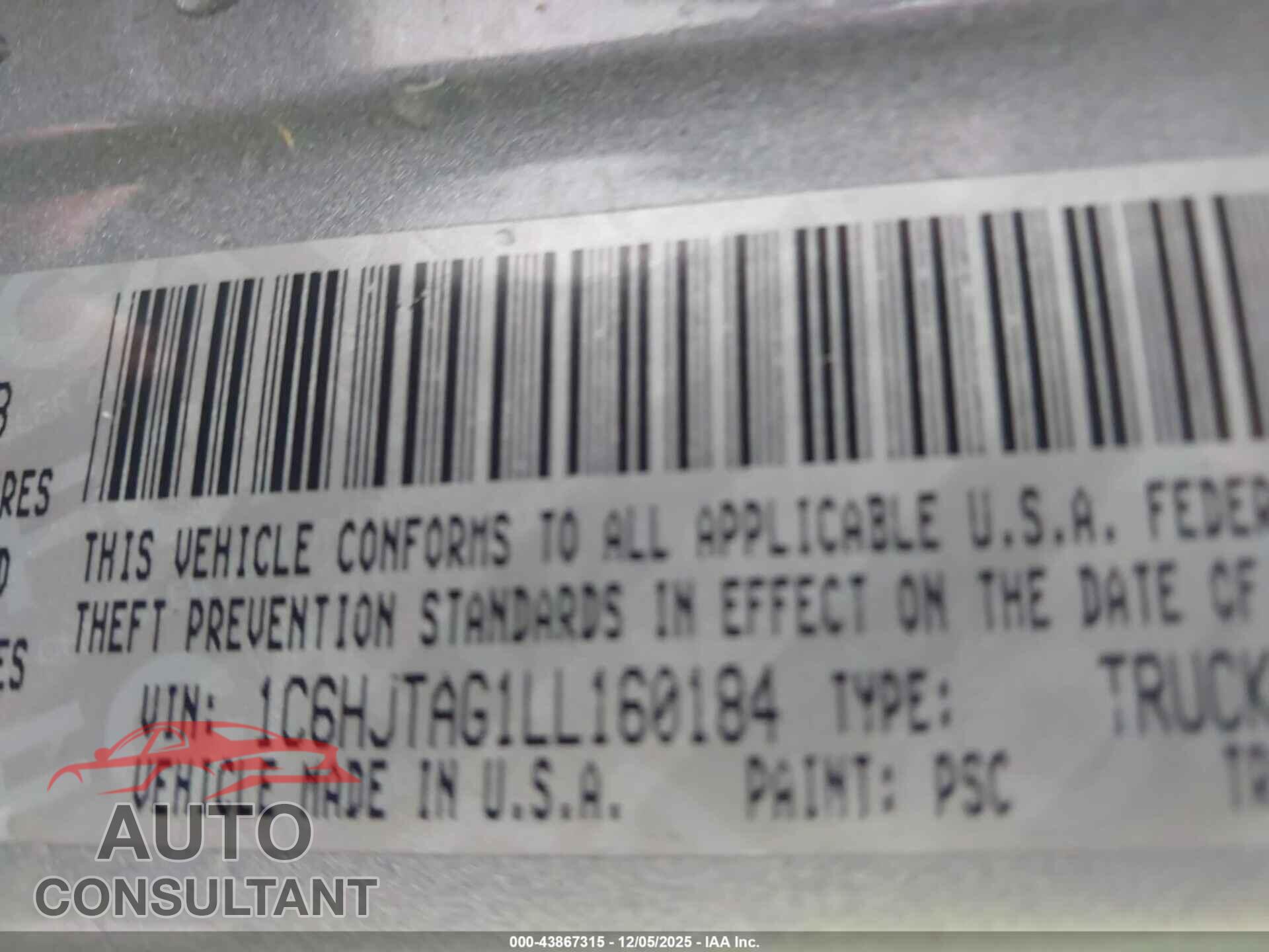 JEEP GLADIATOR 2020 - 1C6HJTAG1LL160184