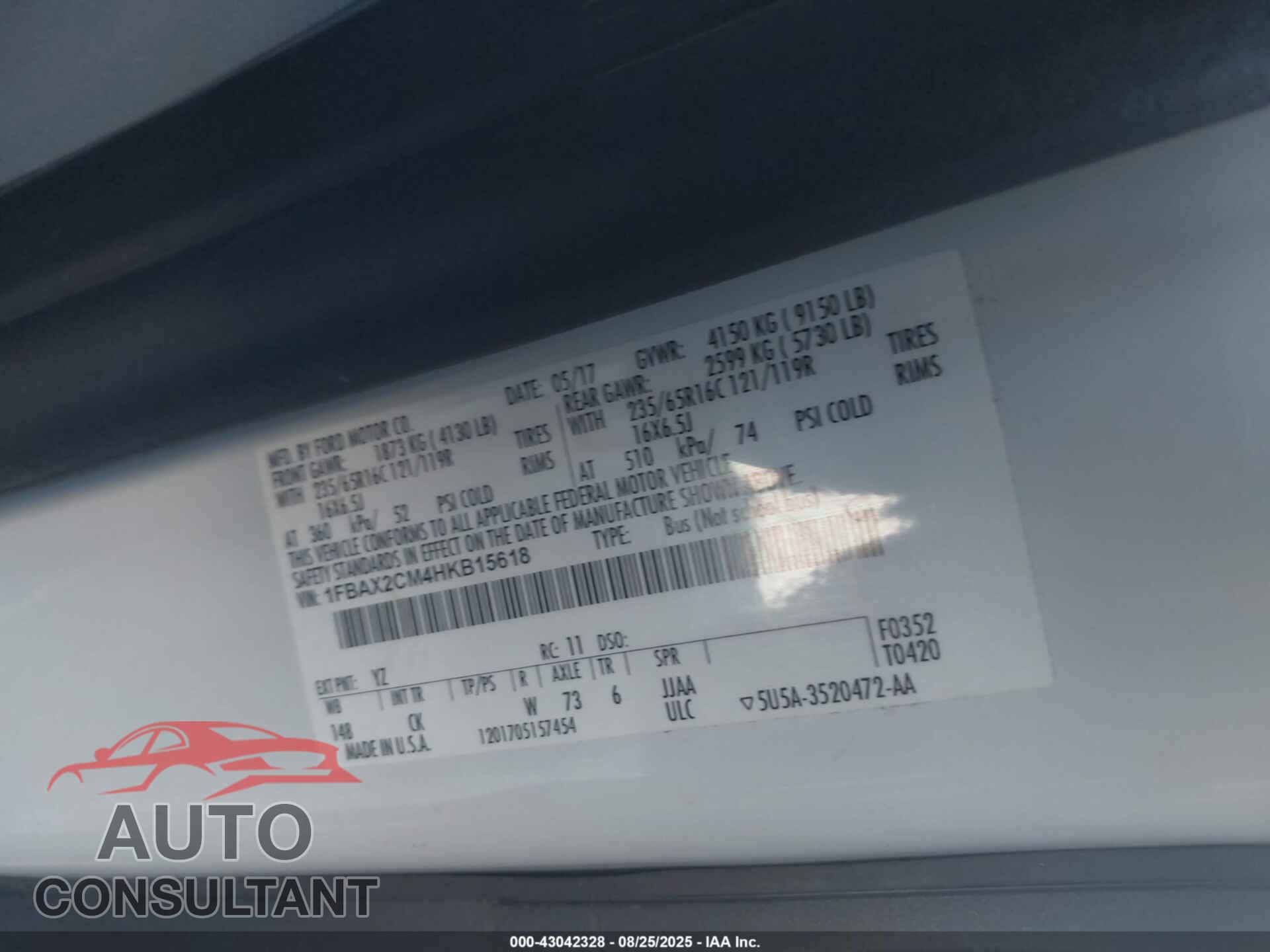 FORD TRANSIT-350 2017 - 1FBAX2CM4HKB15618