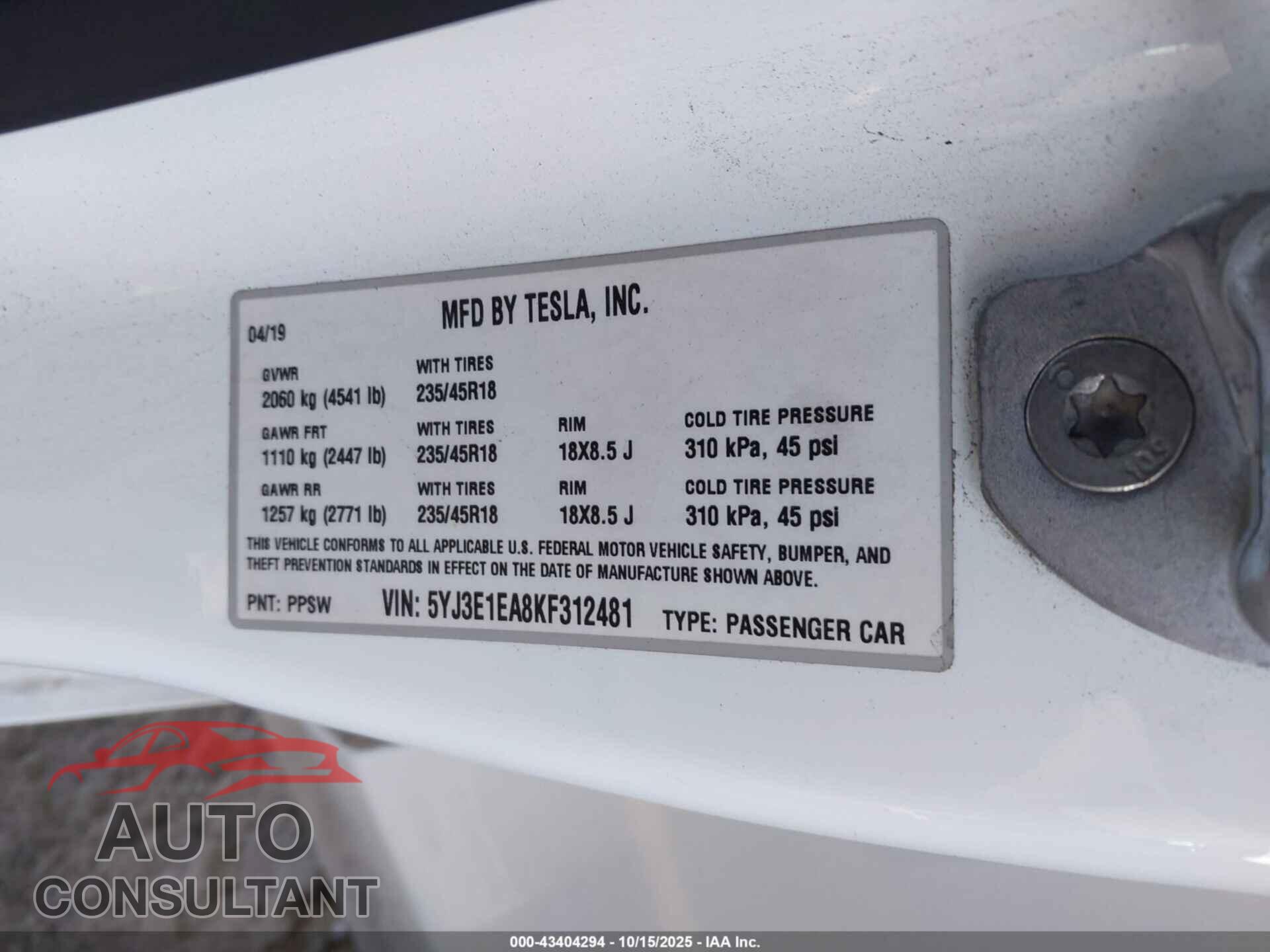 TESLA MODEL 3 2019 - 5YJ3E1EA8KF312481