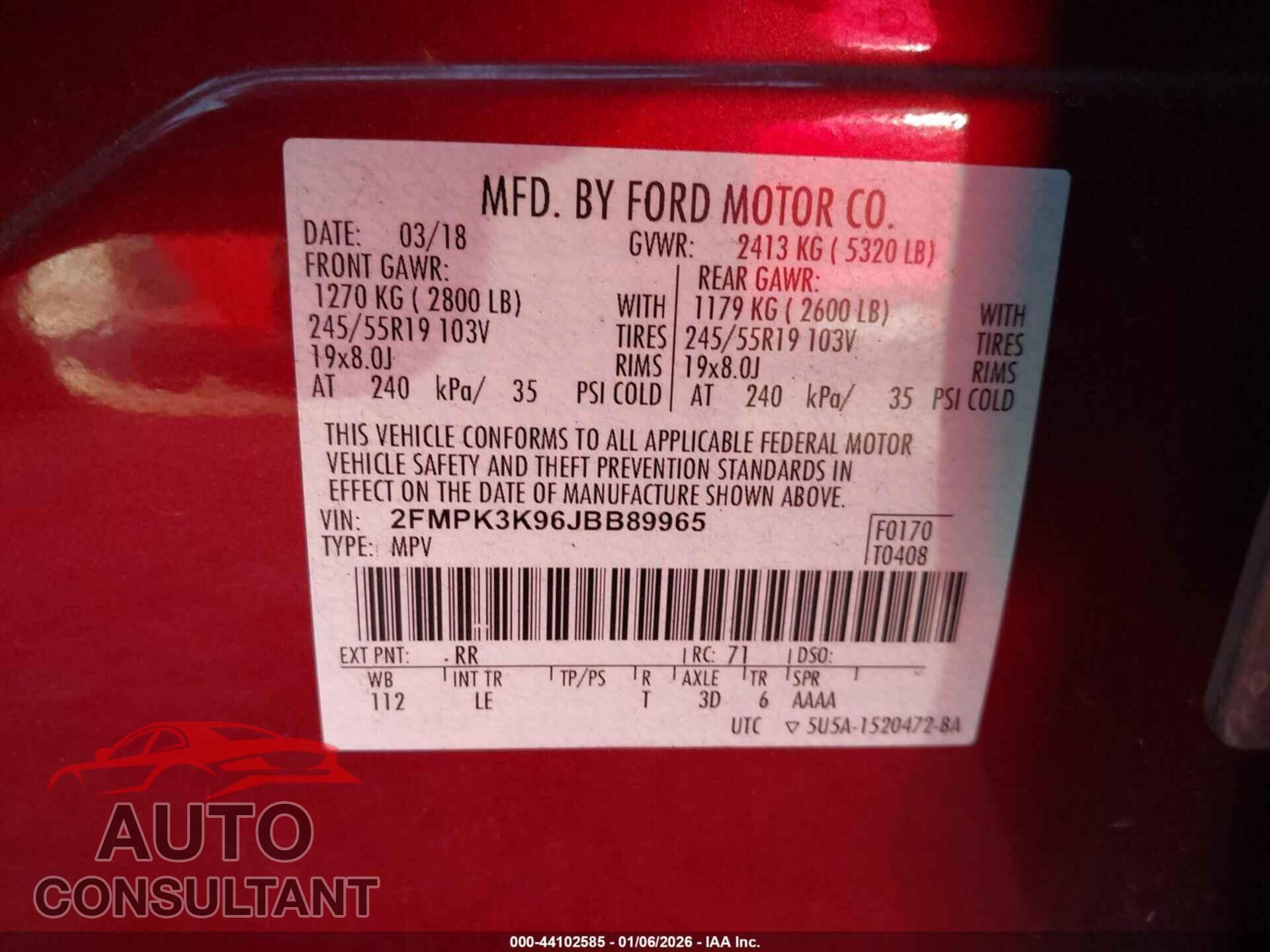 FORD EDGE 2018 - 2FMPK3K96JBB89965