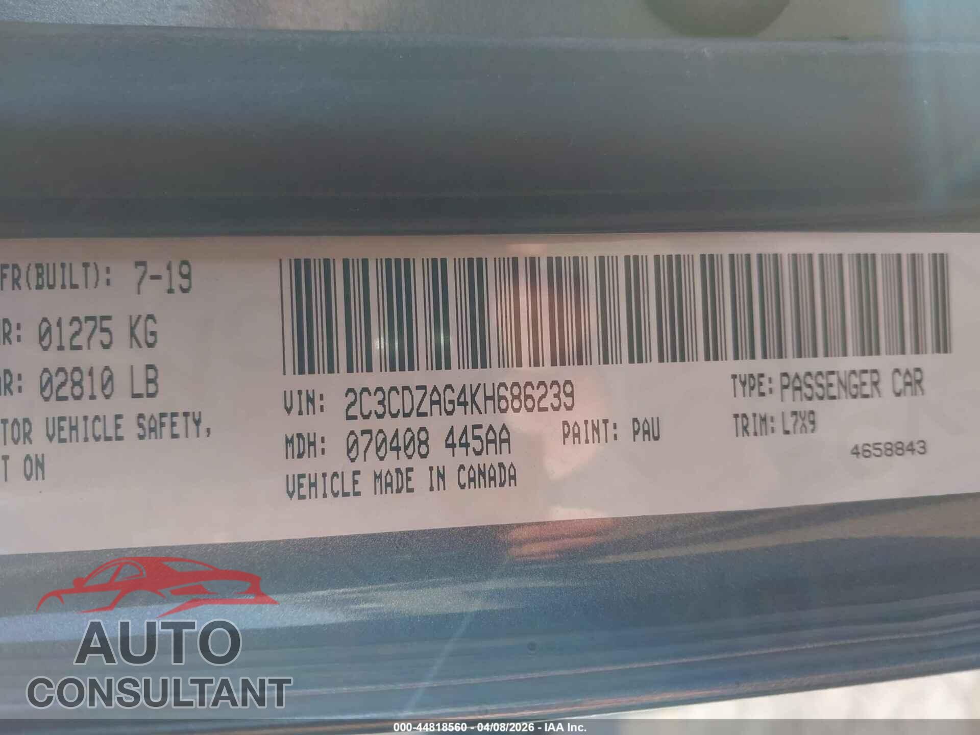 DODGE CHALLENGER 2019 - 2C3CDZAG4KH686239