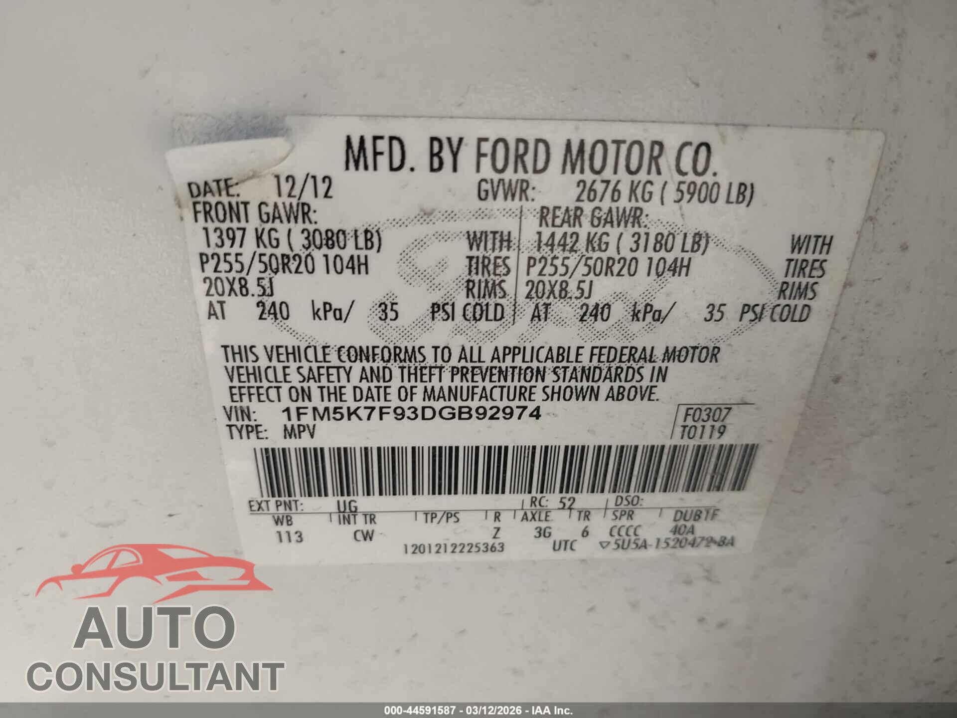 FORD EXPLORER 2013 - 1FM5K7F93DGB92974
