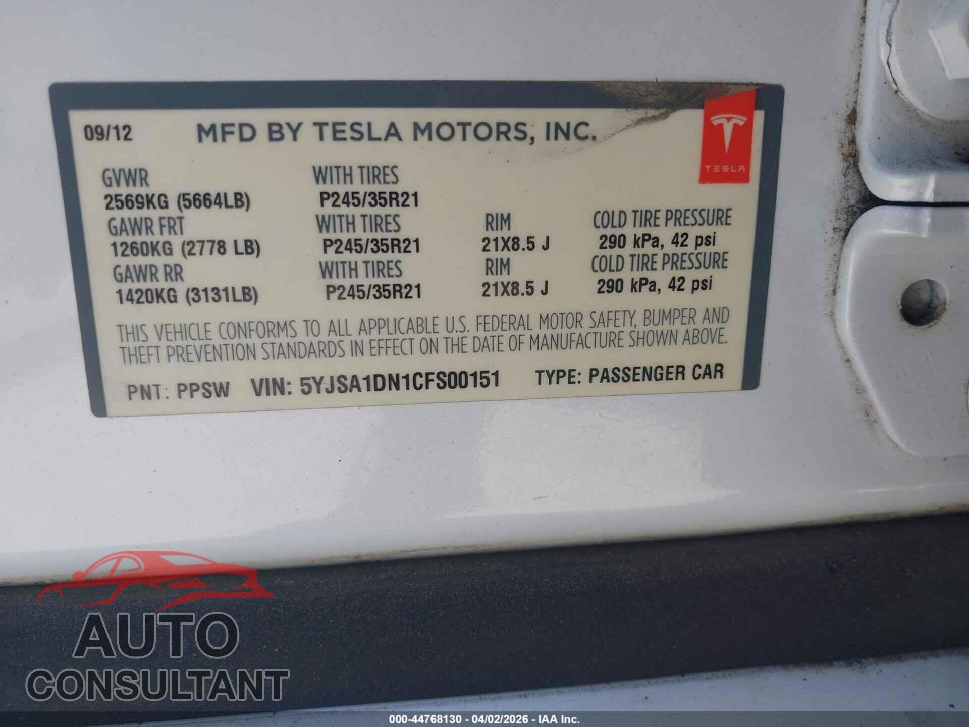 TESLA MODEL S 2012 - 5YJSA1DN1CFS00151