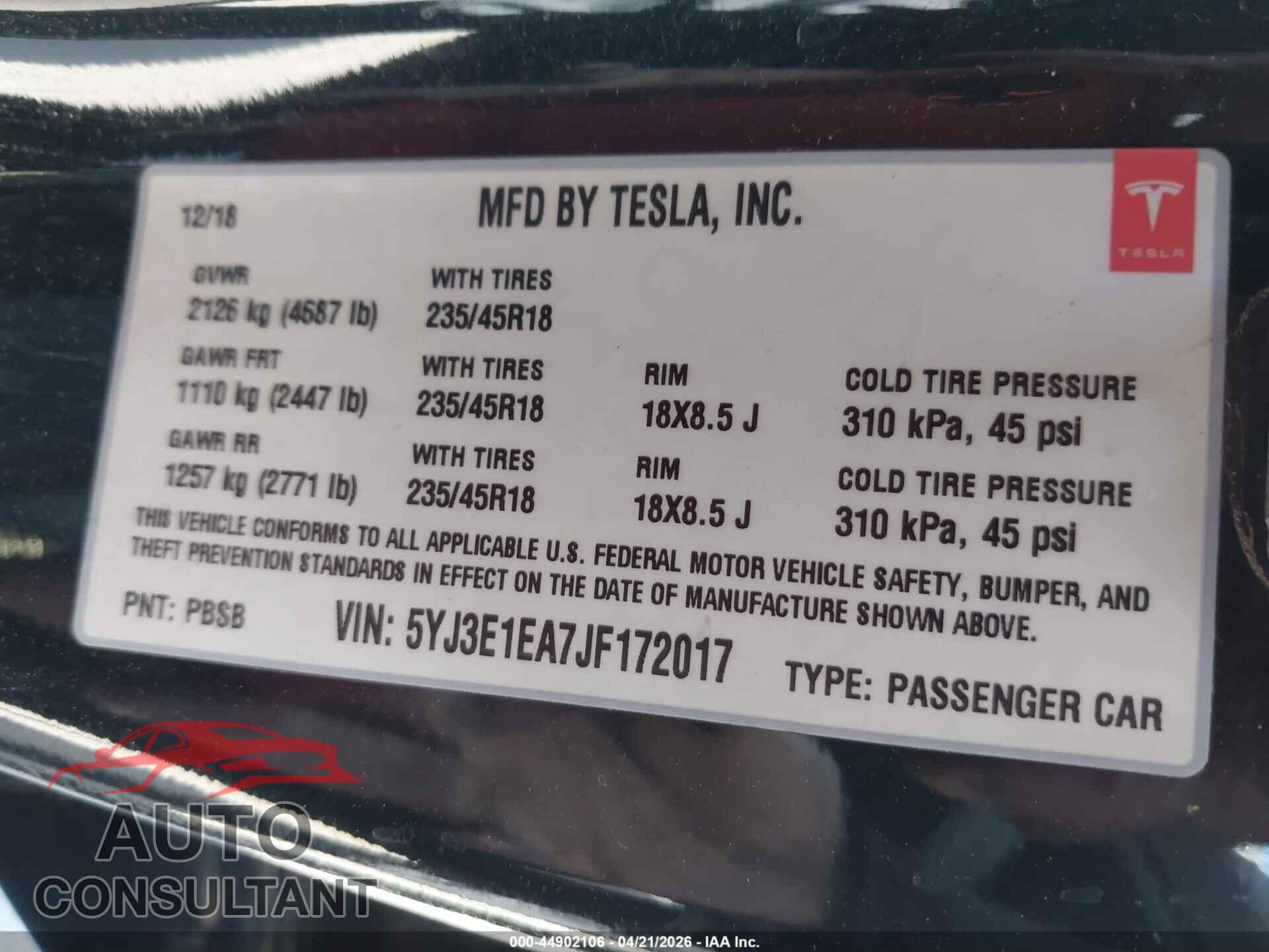 TESLA MODEL 3 2018 - 5YJ3E1EA7JF172017