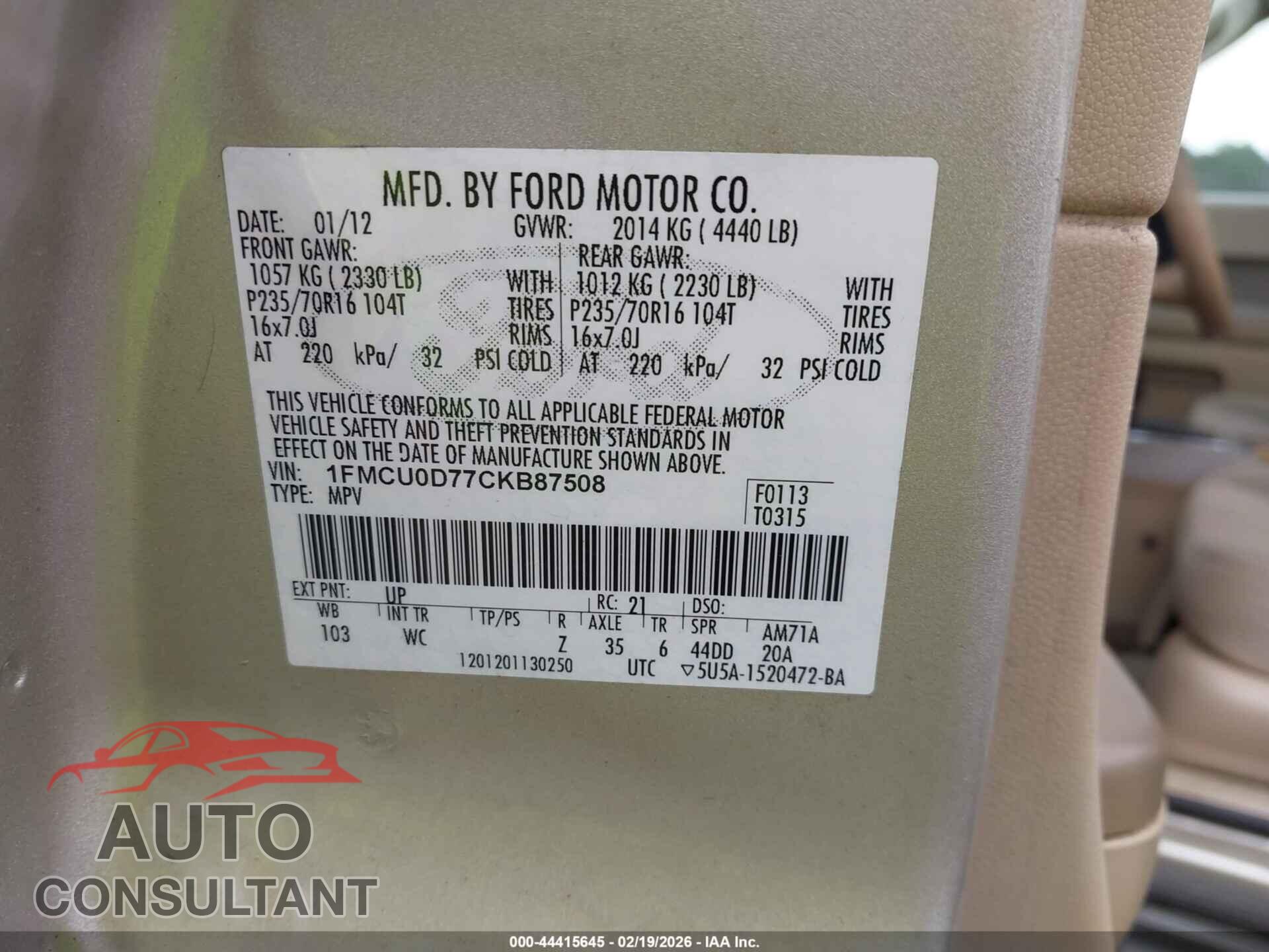 FORD ESCAPE 2012 - 1FMCU0D77CKB87508
